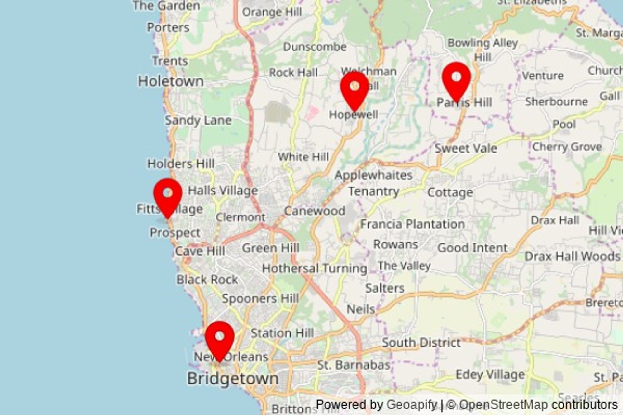 A map showing every place of worship we have visited so far in Barbados including:
Jumma Masjid in Bridgetown
Jumma Masjid in Bridgetown
Hopewell Wesleyan Holiness Church in Hopewell
St. Anne Anglican Church in Airy Hill
Church of the Good Shepherd in Saint James