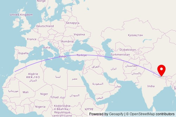 A map showing the great circle route from Sidi Dahmane in Morocco to a map pin at Dhagpo Sheydrub Ling Monastery, Bhaktapur-Nala-Banepa Road, Tukucha Nala, Kavrepalanchok 46210, Nepal