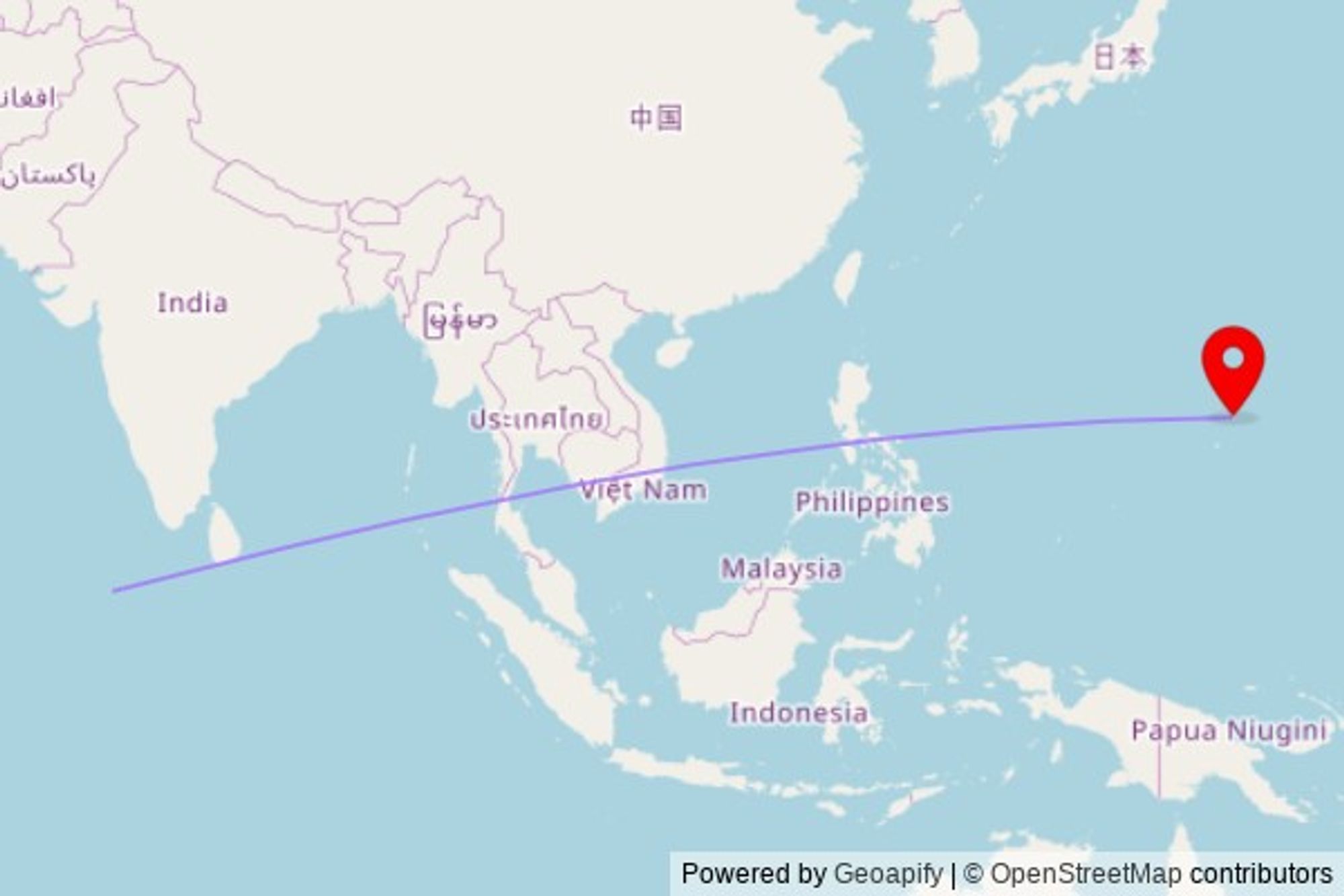 A map showing the great circle route from Malé in the Maldives to a map pin at Kingdom Hall of Jehovah’s Witnesses, Dress Place, Gualo Rai, MP 96950, United States of America