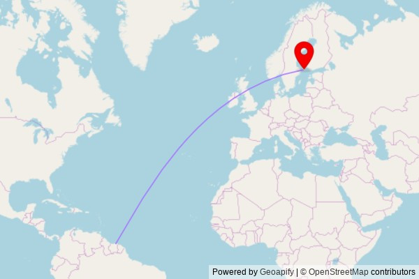 A map showing the great circle route from Paramaribo in Suriname to a map pin at Åland Pingstförsamling, Matrosgatan 1, 22100 Mariehamn, Finland