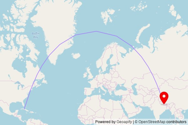 A map showing the great circle route from Cumanayagua in Cuba to a map pin at Shree Kumari Mandir, Kathmandu Metropolitan City, Kathmandu 44613, Nepal