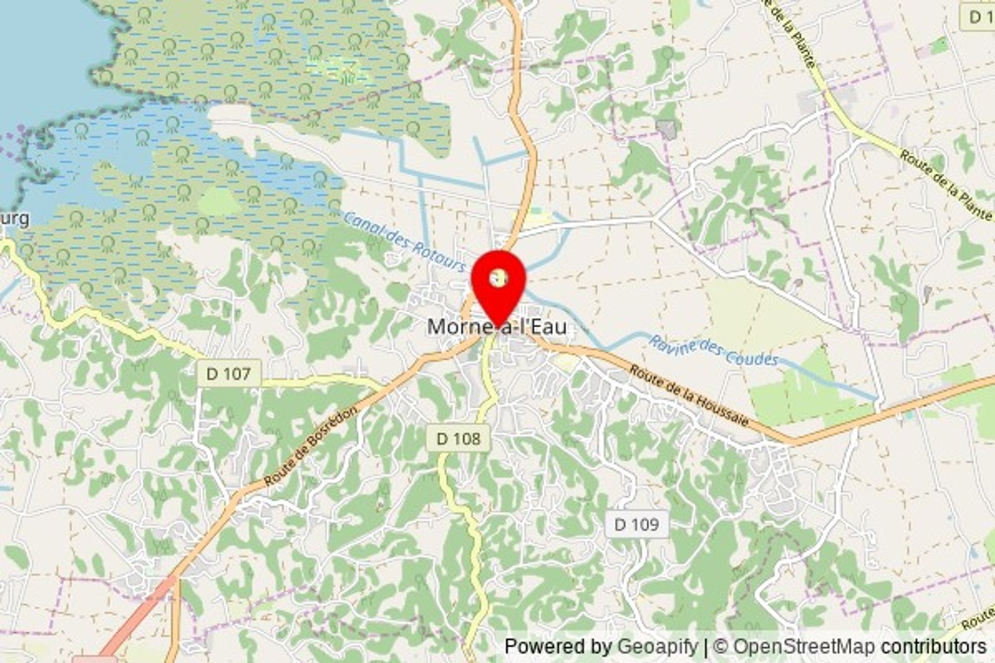 A partially zoomed out map with a pin at the position of Église Saint-André, Rue Bébian, 97111 Morne-à-l'Eau, France