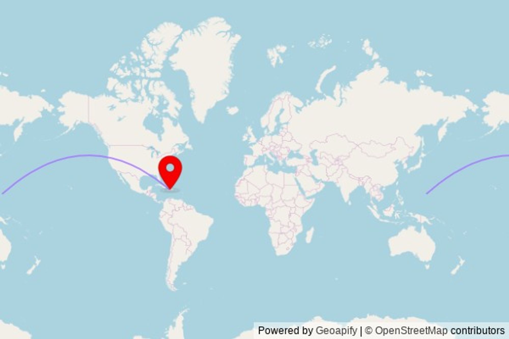 A map showing the great circle route from Saipan Municipality in the United States to a map pin at eglise catholique de zorange, Zone Boben, Commune Cornillon, Haiti