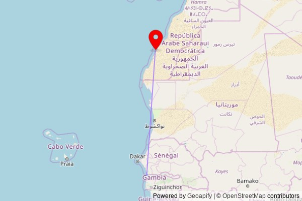 A map showing the great circle route from Serrekunda in Gambia to a map pin at Church of Our Lady of Carmen, Hassan II Boulevard, Dakhla, Morocco