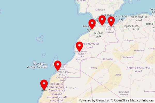 A map showing every place of worship we have visited so far in Morocco including:
Mosque Alquds in Sidi Yahya El Gharb
Eglise de Notre-Dame de Carmen الكنيسة سيدة كارمن in Dakhla
Eglise de Notre-Dame de Carmen الكنيسة سيدة كارمن in Dakhla
Eglise de Notre-Dame de Carmen الكنيسة سيدة كارمن in Dakhla
Mosquée TADART in Laayoune
Eglise de Notre-Dame de Carmen الكنيسة سيدة كارمن in Dakhla
Mosquée Oulad Aarfa in Sidi Dahmane
Mohammed VI Mosque in Targuist
Masjid Oulad Daoud مسجد أولاد داود in Rislane