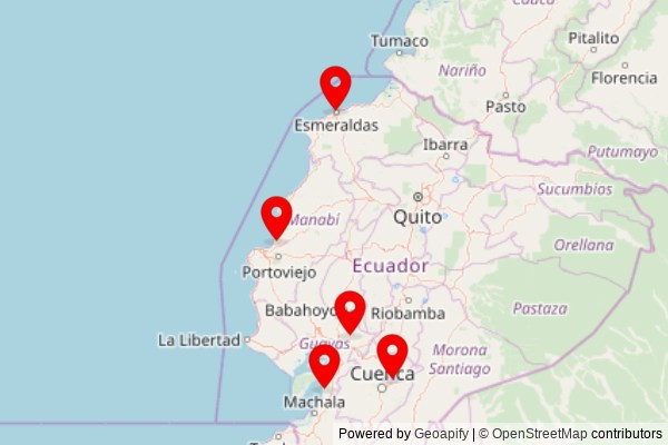 A map showing every place of worship we have visited so far in Ecuador including:
Salón del Reino de los Testigos de Jehová, Charapotó in Charapotó
Iglesia de Macas - Javier Loyola in Javier Loyola
Iglesia Católica San Antonio de Padua - Balao in Balao
Iglesia Católica Virgen de Fátima in Esmeraldas
Iglesia Católica Nuestra Señora de Los Dolores | Naranjito in Naranjto