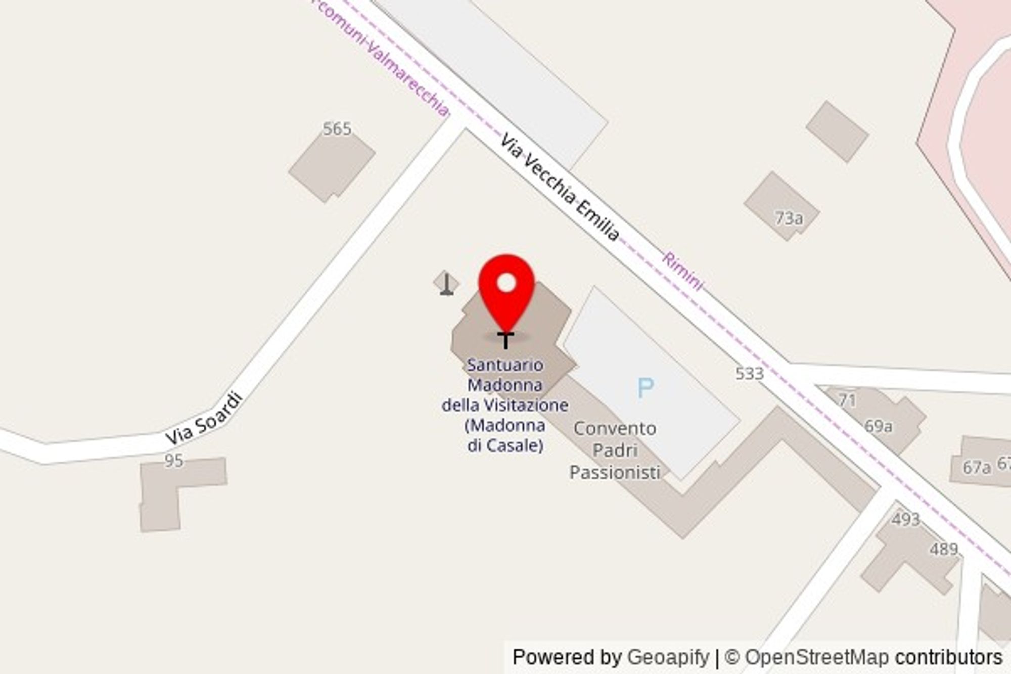 A zoomed out map with a pin at the position of Santuario Madonna della Visitazione (Madonna di Casale), Via Vecchia Emilia, 47822 Santarcangelo di Romagna RN, Italy