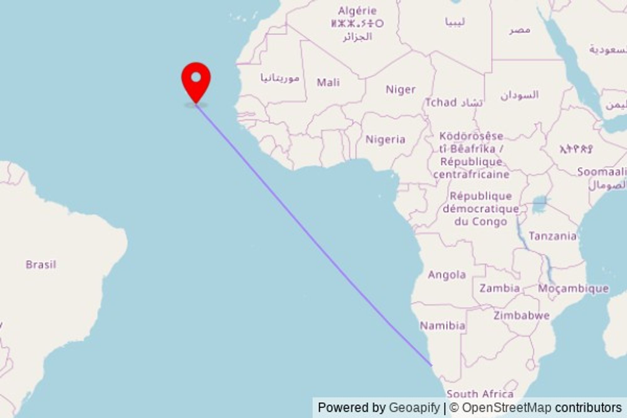 A map showing the great circle route from Lüderitz in Namibia to a map pin at Igreja Paroquial de São Salvador do Mundo, Tarrafal-Assomada-Praia, 7329-Picos, Cape Verde