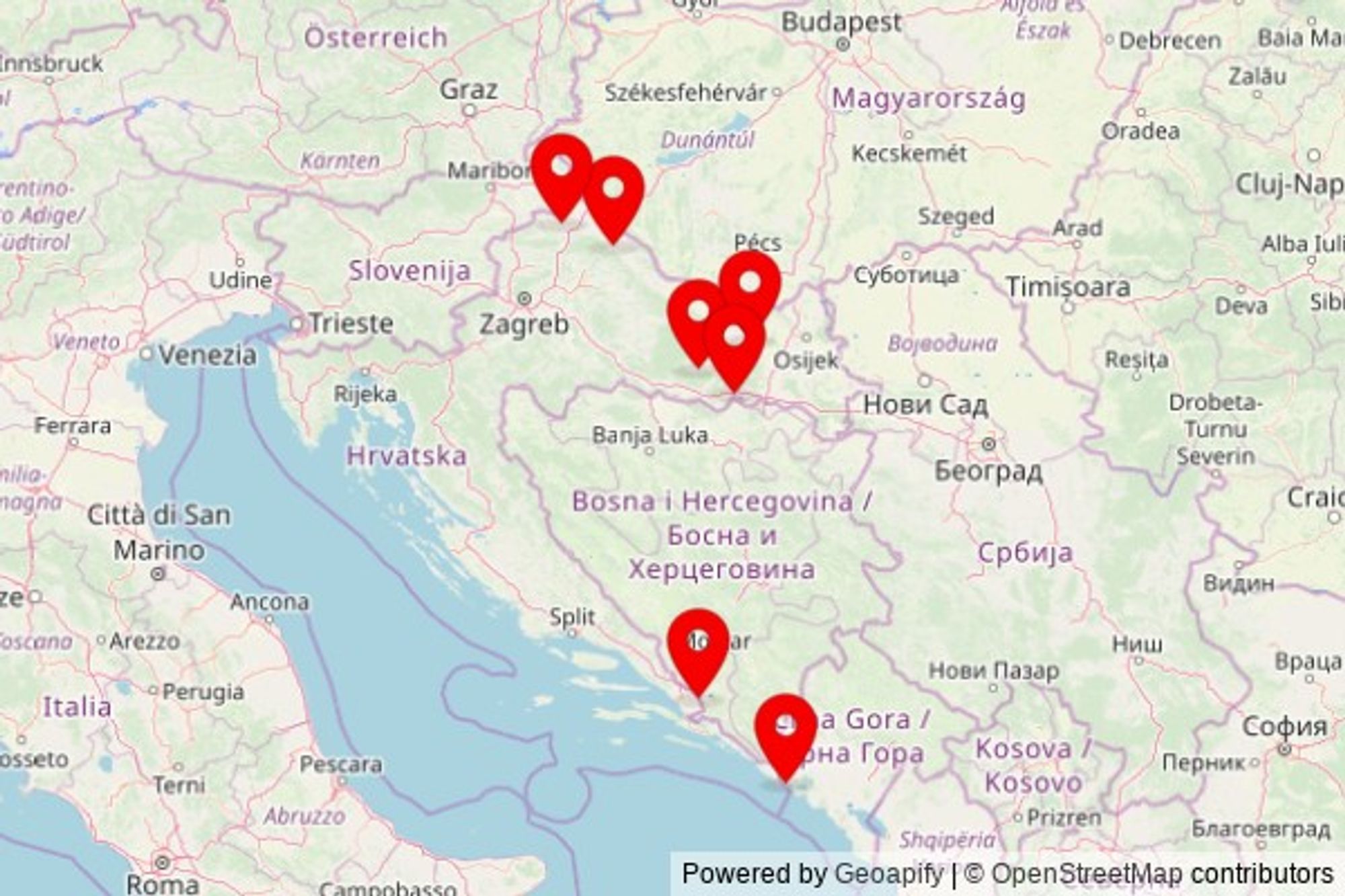 A map showing every place of worship we have visited so far in Croatia including:
crkva svetog Đorđa in Grad Varaždin
Sveti Ilja in Vitaljina
kapelica sv. Josipa in Grad Požega
crkva svetog Ilije in Grad Metković
Sinagoga in Grad Koprivnica
Dom molitve in Jelisavac
crkva Bezgrešnog Srca Marijina in Slavonski Brod