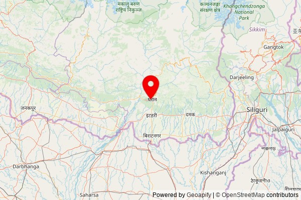 A map showing the area of Dharan with a pin at the position of Temple, Radio Nepal Marga, Dharan, Sunsari, Nepal