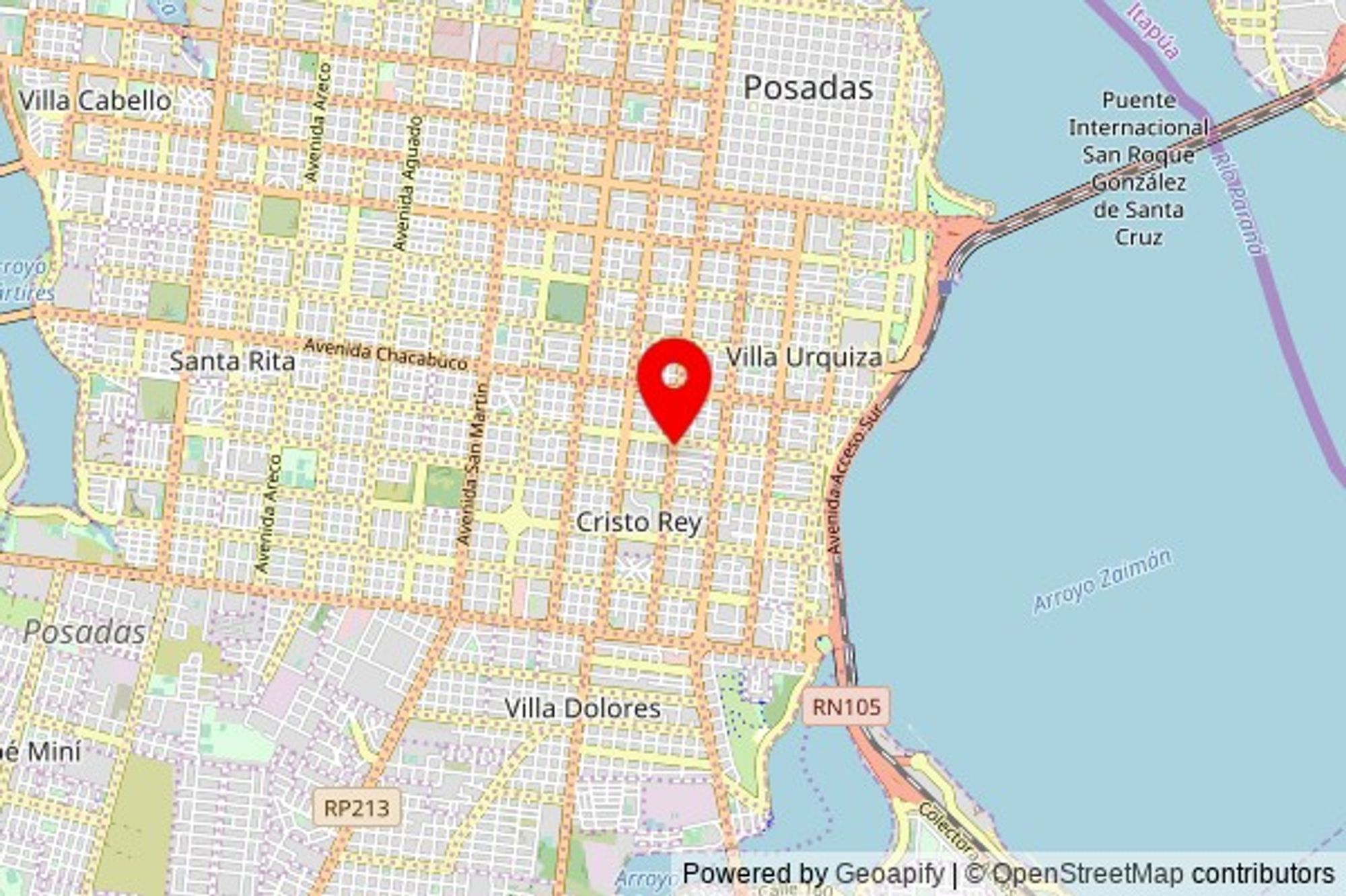 A partially zoomed out map with a pin at the position of Virgen de Schoenstatt, Avenida Francisco de Haro, Delegacion Municipal Villa Urquiza, N3300 MOX Posadas, Argentina