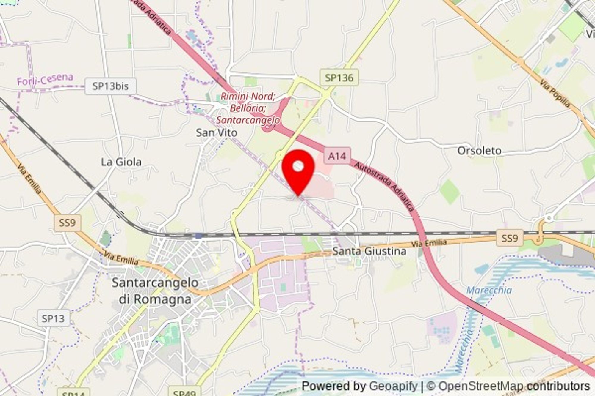 A partially zoomed out map with a pin at the position of Santuario Madonna della Visitazione (Madonna di Casale), Via Vecchia Emilia, 47822 Santarcangelo di Romagna RN, Italy