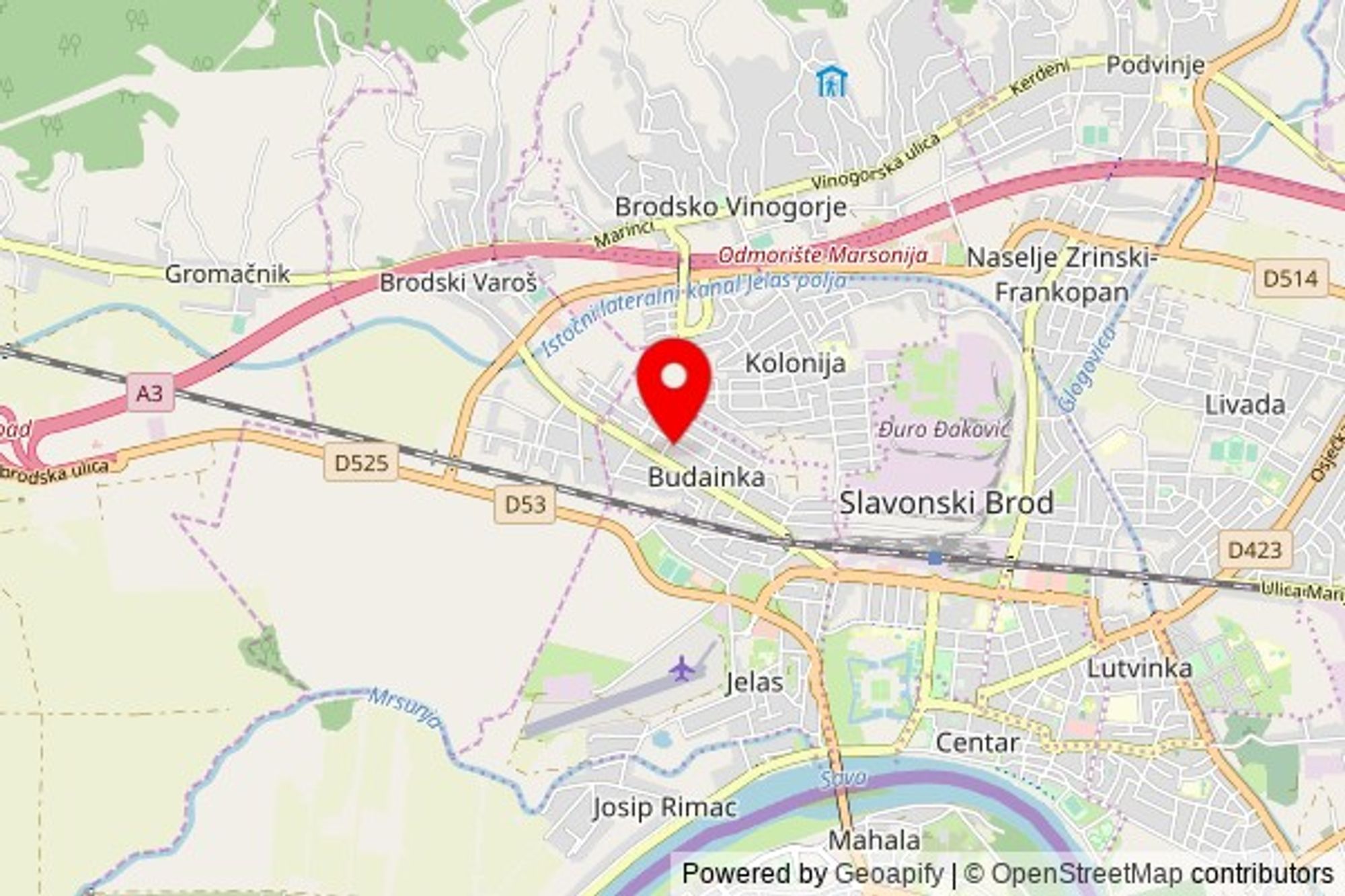 A partially zoomed out map with a pin at the position of crkva Bezgrešnog Srca Marijina, Slavonska ulica 71, 35000 Slavonski Brod, Croatia