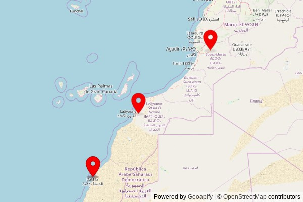 A map showing every place of worship we have visited so far in Morocco including:
Mosquée Oulad Aarfa in Sidi Dahmane
Eglise de Notre-Dame de Carmen الكنيسة سيدة كارمن in Dakhla
Eglise de Notre-Dame de Carmen الكنيسة سيدة كارمن in Dakhla
Eglise de Notre-Dame de Carmen الكنيسة سيدة كارمن in Dakhla
Mosquée TADART in Laayoune
Eglise de Notre-Dame de Carmen الكنيسة سيدة كارمن in Dakhla