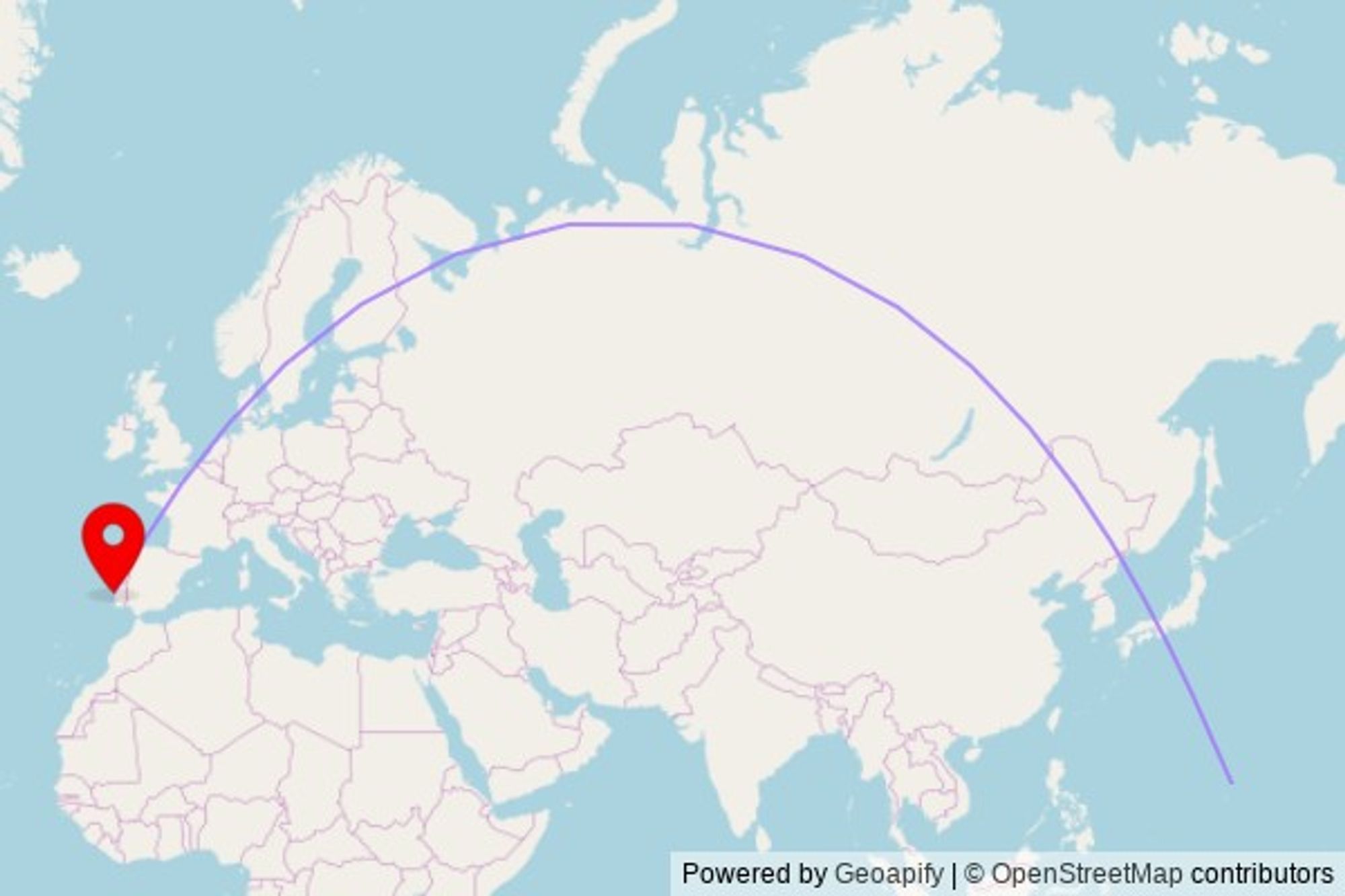 A map showing the great circle route from Saipan Municipality in the United States to a map pin at Igreja de São Simão, Rua da Sociedade Filarmónica Providência, 2925-485 Setúbal, Portugal