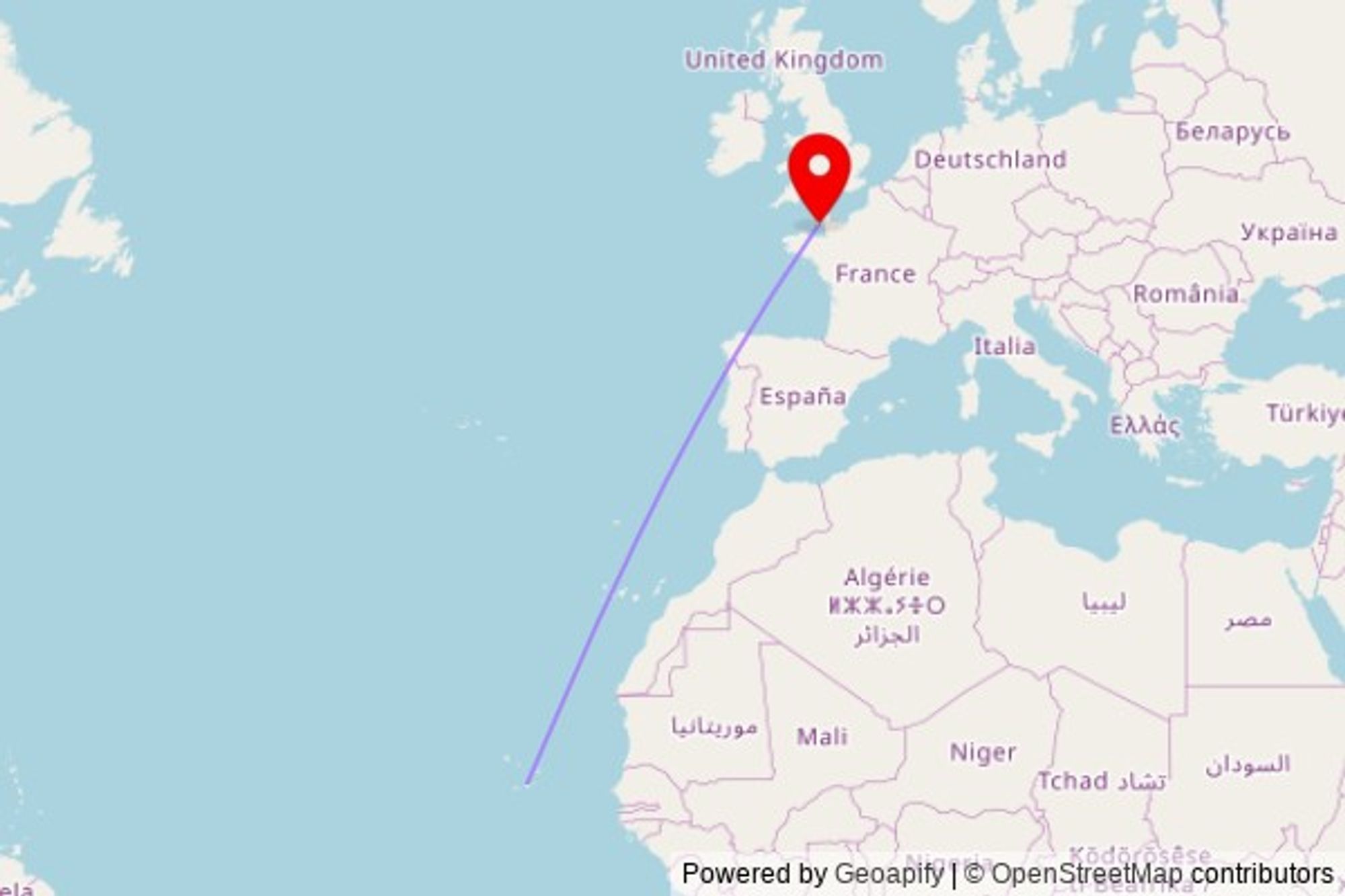 A map showing the great circle route from Picos in Cape Verde to a map pin at St. Clement's Church, Grande Route de St. Clement, St. Clement, Jersey, Channel Islands