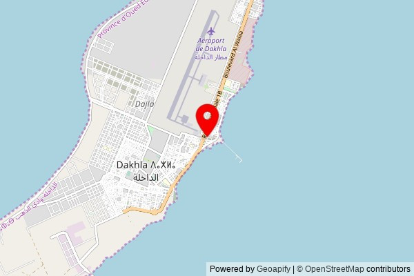 A partially zoomed out map with a pin at the position of Church of Our Lady of Carmen, Hassan II Boulevard, Dakhla, Morocco