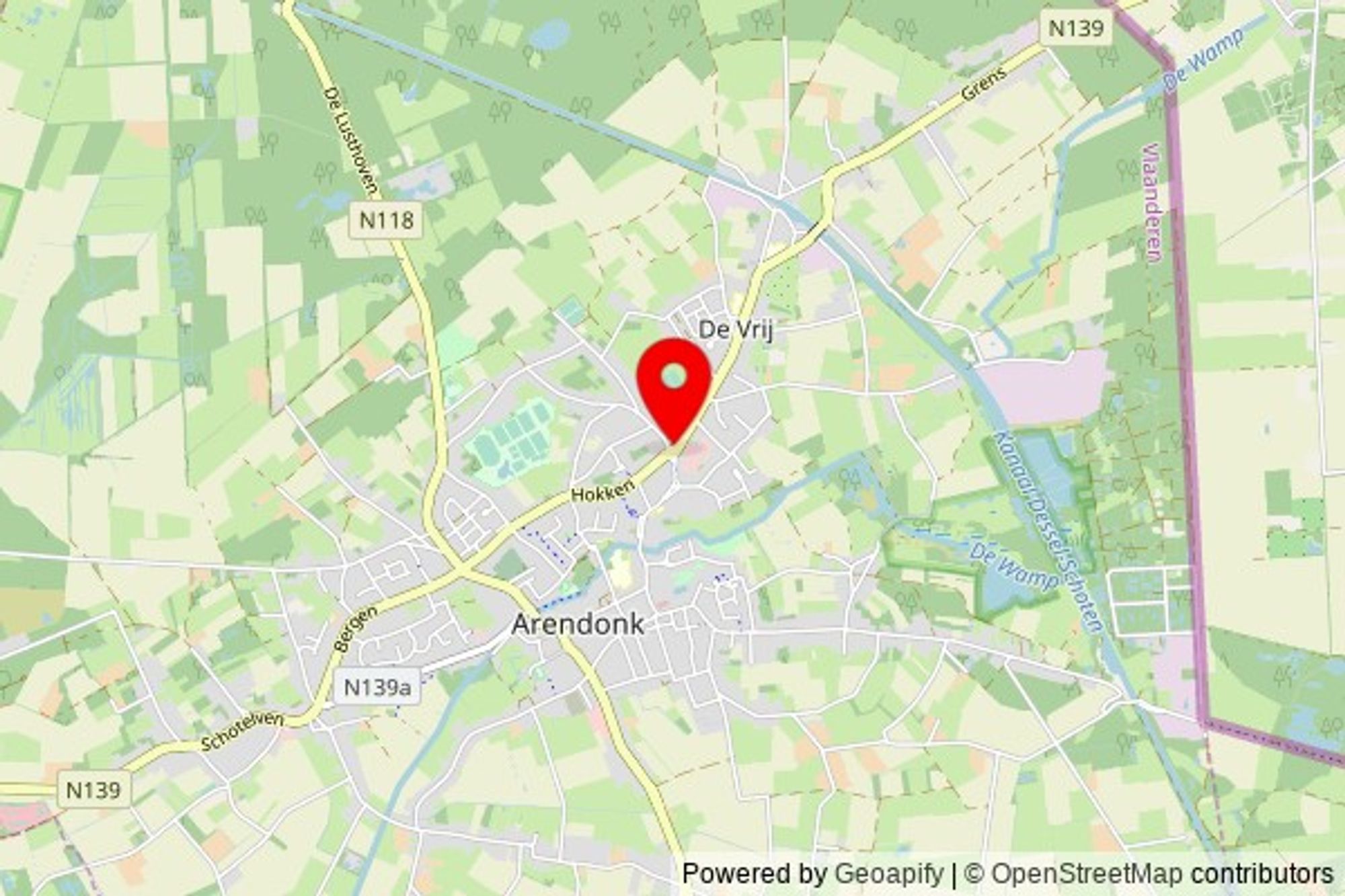 A partially zoomed out map with a pin at the position of Kapel van de Wampenberg, Wampenberg, 2370 Arendonk, Belgium