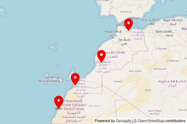 A map showing every place of worship we have visited so far in Morocco including:
Mohammed VI Mosque in Targuist
Eglise de Notre-Dame de Carmen الكنيسة سيدة كارمن in Dakhla
Eglise de Notre-Dame de Carmen الكنيسة سيدة كارمن in Dakhla
Eglise de Notre-Dame de Carmen الكنيسة سيدة كارمن in Dakhla
Mosquée TADART in Laayoune
Eglise de Notre-Dame de Carmen الكنيسة سيدة كارمن in Dakhla
Mosquée Oulad Aarfa in Sidi Dahmane