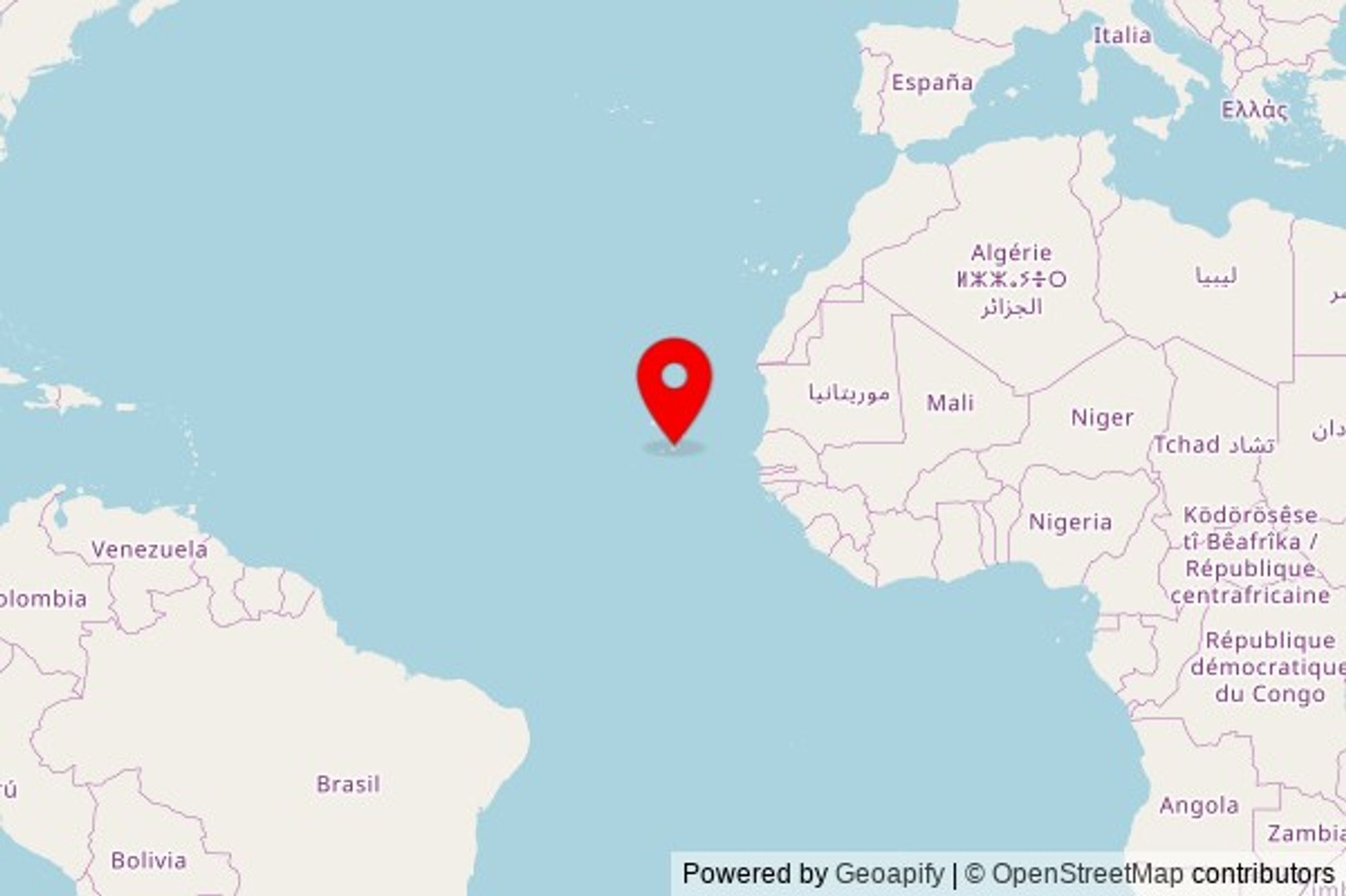 A zoomed in map showing a pin at the position of Igreja Paroquial de São Salvador do Mundo, Tarrafal-Assomada-Praia, 7329-Picos, Cape Verde