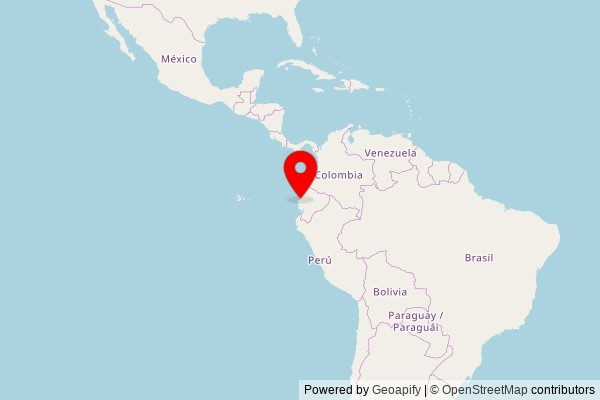 A zoomed in map showing a pin at the position of Kingdom Hall of Jehovah's Witnesses, Charapotó, Avenida de las Americas, Charapotó, Ecuador