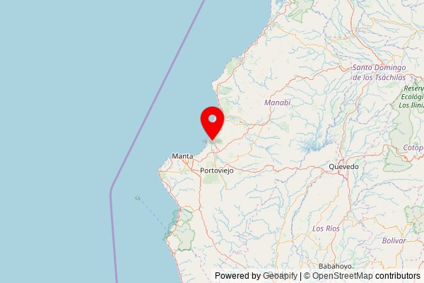 A map showing the area of Charapotó with a pin at the position of Kingdom Hall of Jehovah's Witnesses, Charapotó, Avenida de las Americas, Charapotó, Ecuador