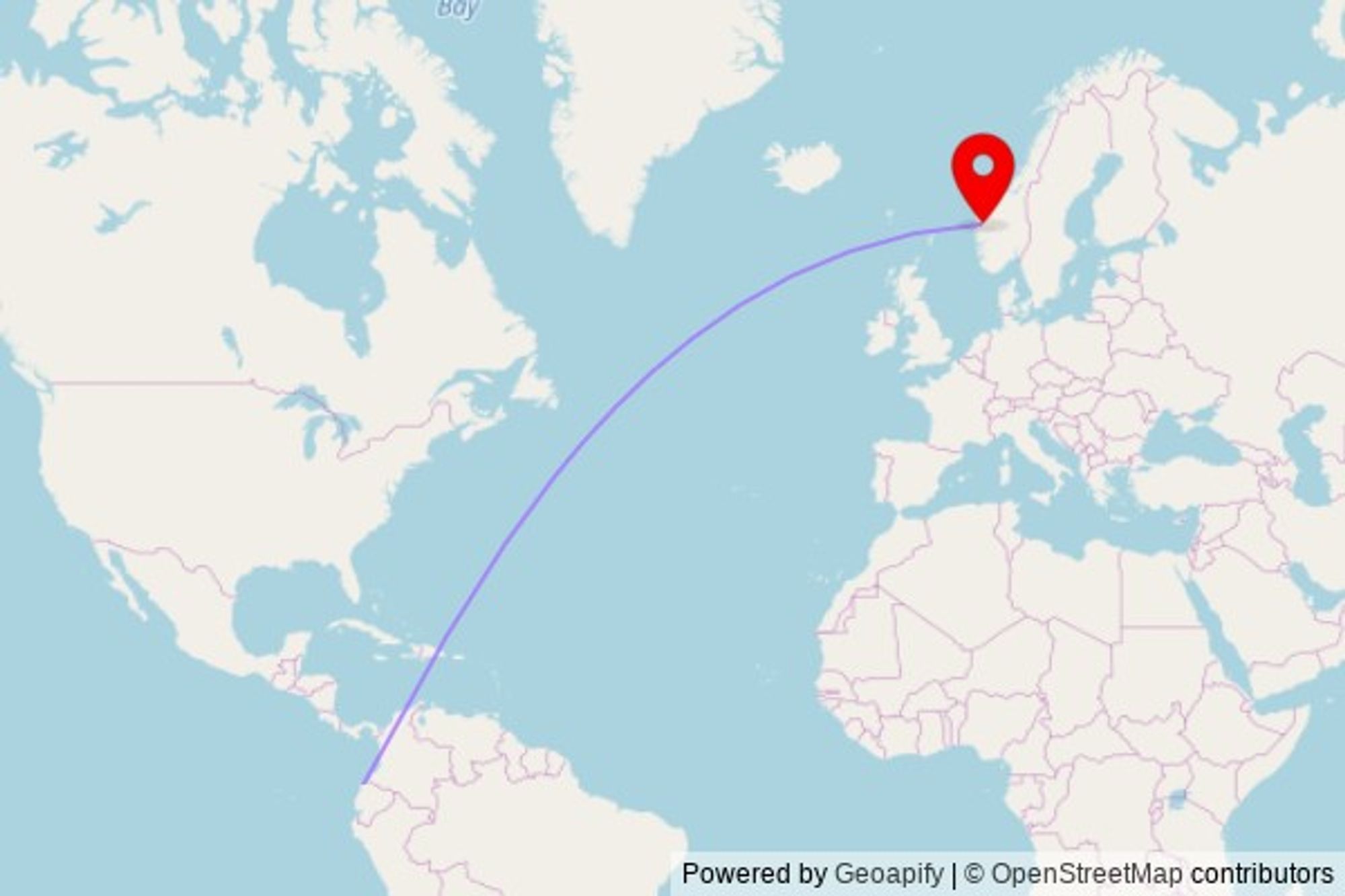 A map showing the great circle route from Esmeraldas in Ecuador to a map pin at Førde kyrkje, Kyrkjevegen, 6809 Førde, Norway