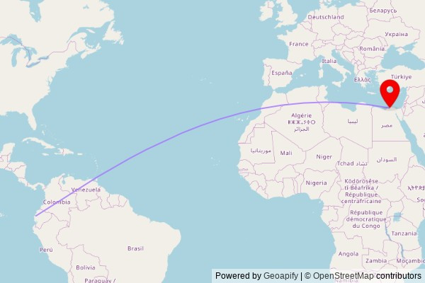 A map showing the great circle route from Charapotó in Ecuador to a map pin at Wafya Al-Samet Mosque, Zaghloul Street, Rosetta, 22745, Egypt