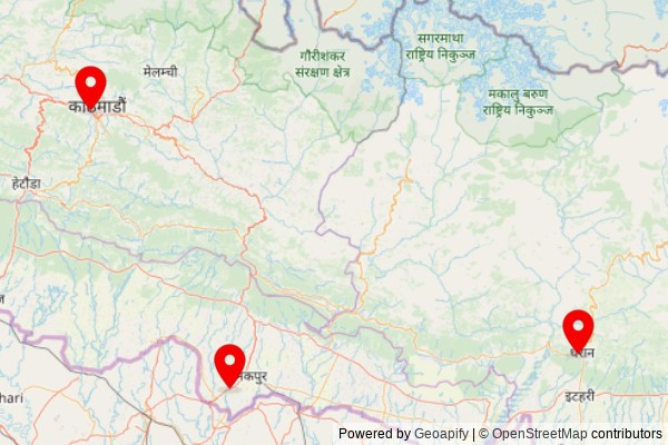 A map showing every place of worship we have visited so far in Nepal including:
श्री कुमारी मन्दिर in Kathmandu Metropolitan City
Shiv mandir in Sahorawa
Temple in Dharan