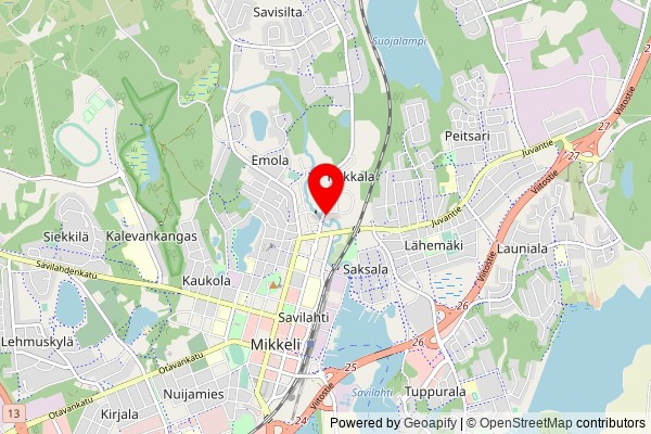 A partially zoomed out map with a pin at the position of Mikkelin helluntaiseurakunta, Porrassalmenkatu 57, 50100 Mikkeli, Finland