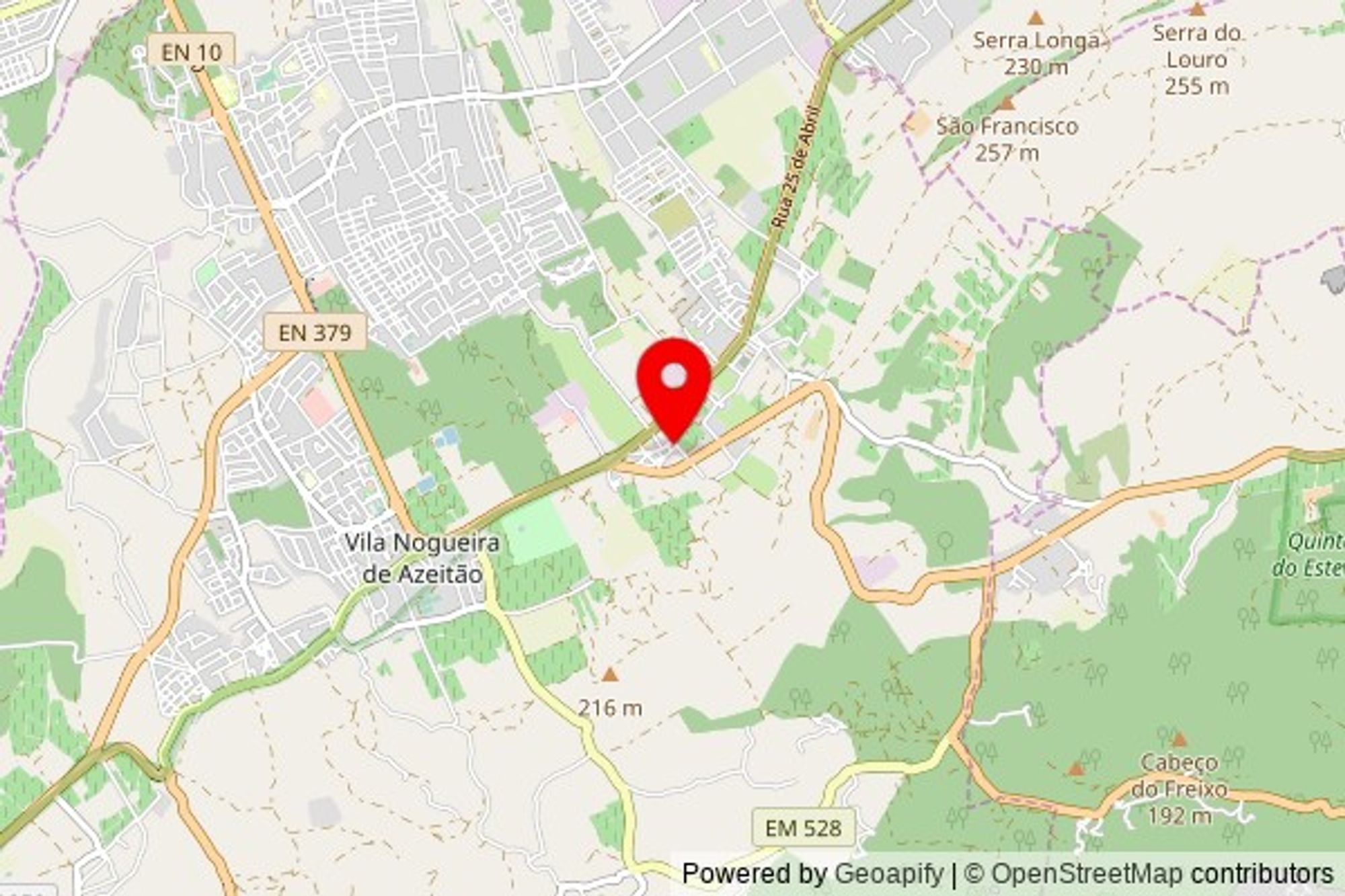 A partially zoomed out map with a pin at the position of Igreja de São Simão, Rua da Sociedade Filarmónica Providência, 2925-485 Setúbal, Portugal