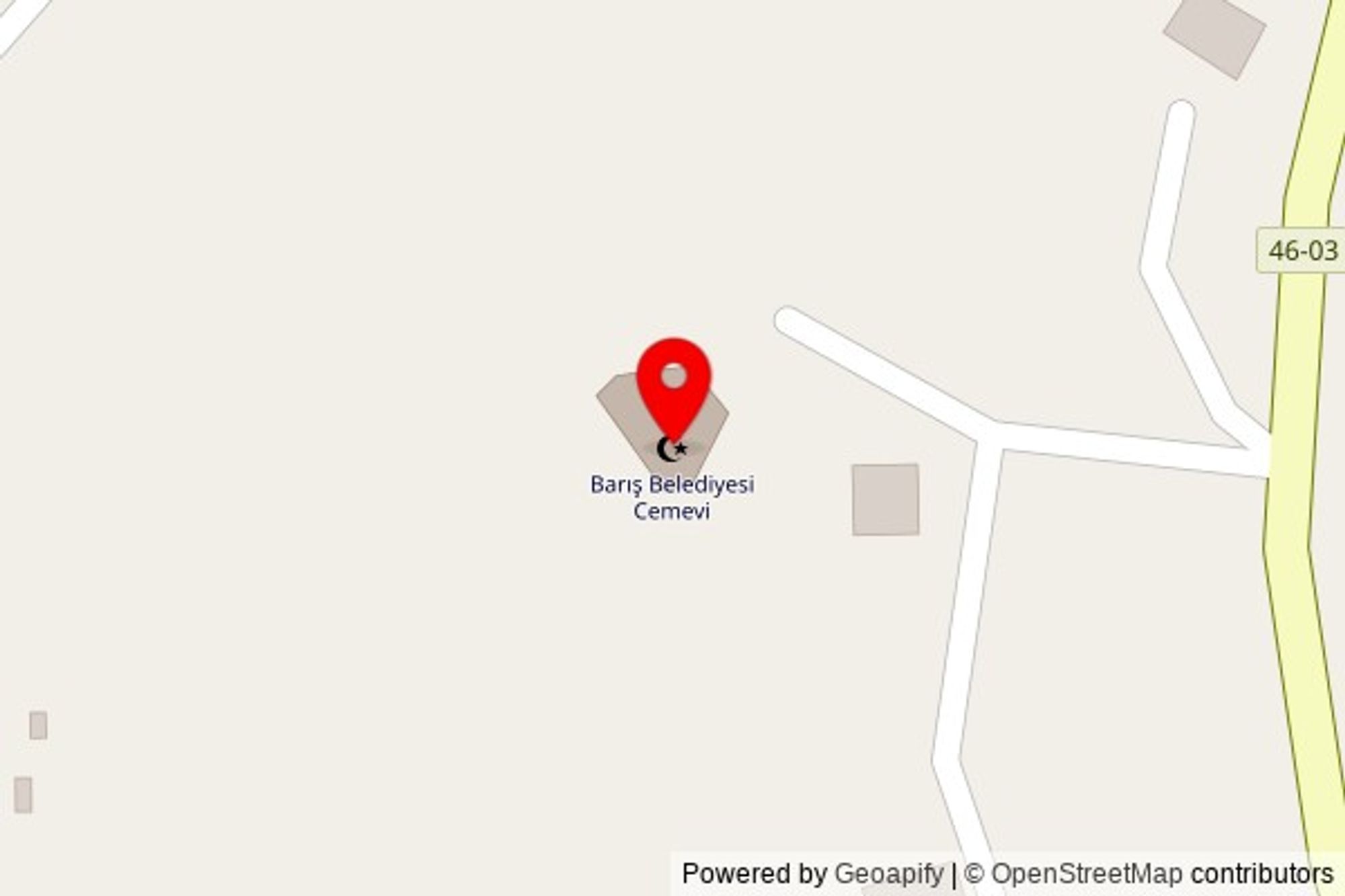 A zoomed out map with a pin at the position of Barış Belediyesi Cemevi, 46-03, 46370 Nurhak, Turkey