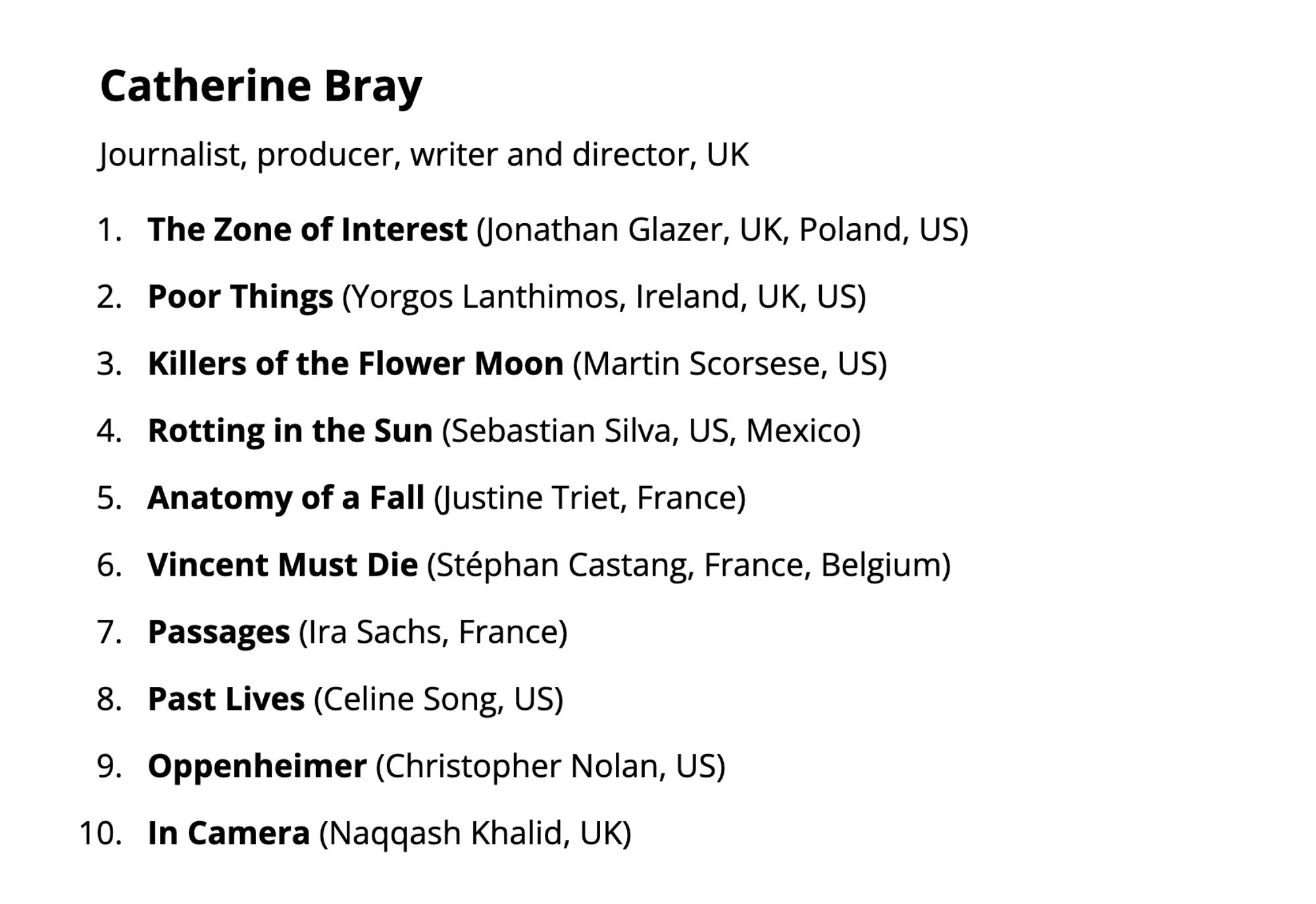 Catherine Bray
Journalist, producer, writer and director, UK

The Zone of Interest (Jonathan Glazer, UK, Poland, US)
Poor Things (Yorgos Lanthimos, Ireland, UK, US)
Killers of the Flower Moon (Martin Scorsese, US)
Rotting in the Sun (Sebastian Silva, US, Mexico)
Anatomy of a Fall (Justine Triet, France)
Vincent Must Die (Stéphan Castang, France, Belgium)
Passages (Ira Sachs, France)
Past Lives (Celine Song, US)
Oppenheimer (Christopher Nolan, US)
In Camera (Naqqash Khalid, UK)
