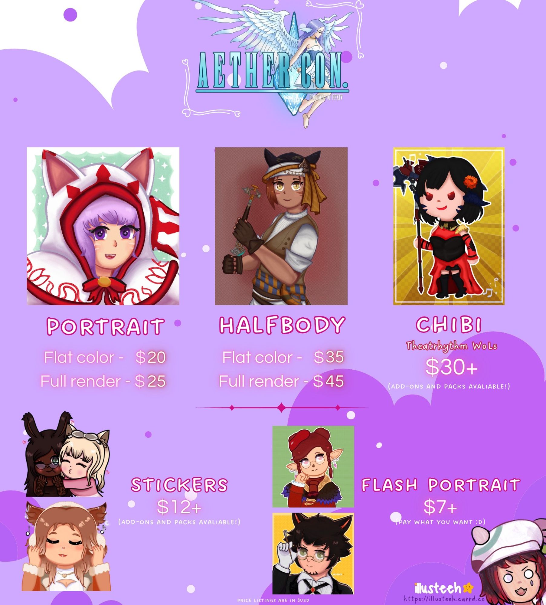 A infographic of art commissions, showing different styles and prices. Starting at 7 dollars and finishing at 45 dollars