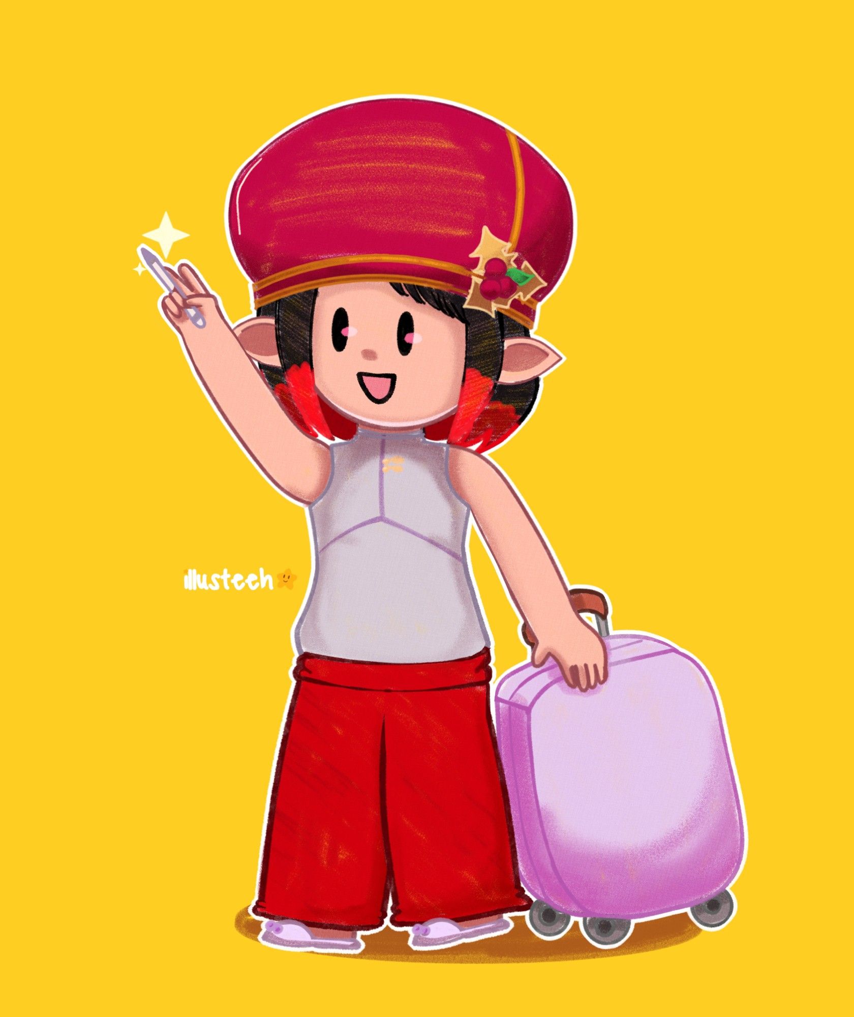 A illustration of a lalafell original character smiling, raising her pen with one hand and carrying a suitcase with other