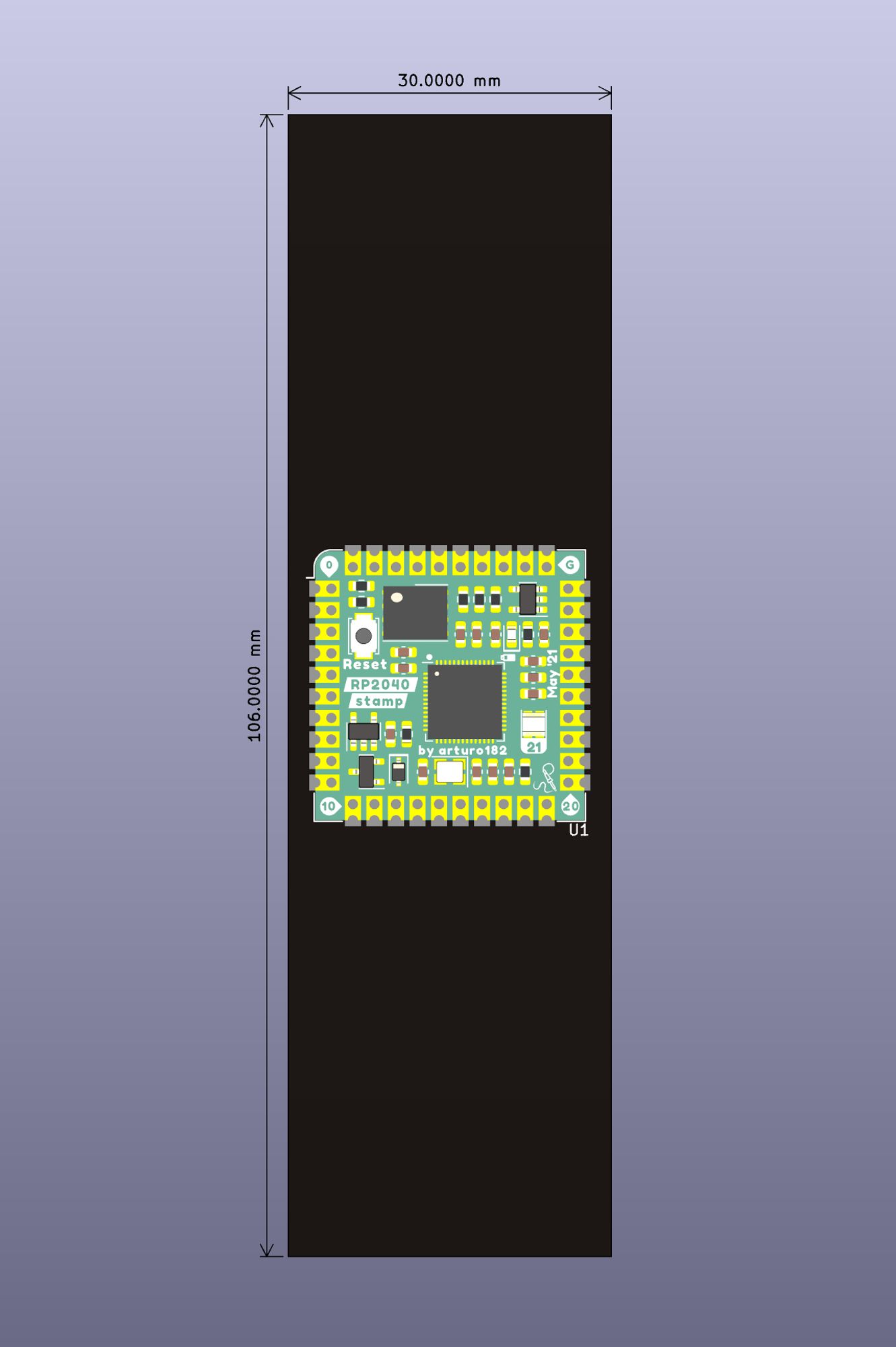 A 3d kicad render showing a black rectangle PCB with dimensions of 106mm x 30mm, with a 25.4mm x 25.4mm green circuit board with components right in the middle.