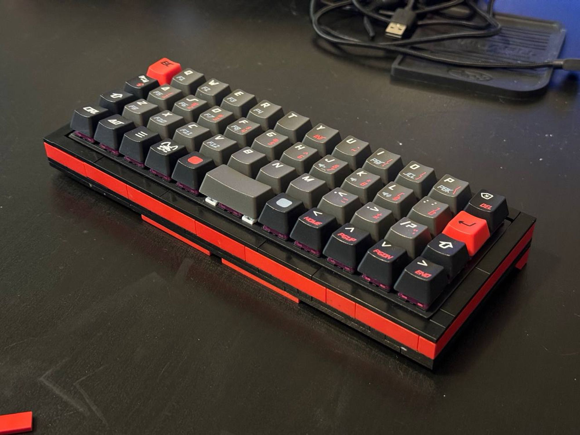 Assembled Inland MK-47 keyboard with custom Lego chassis and custom key caps.