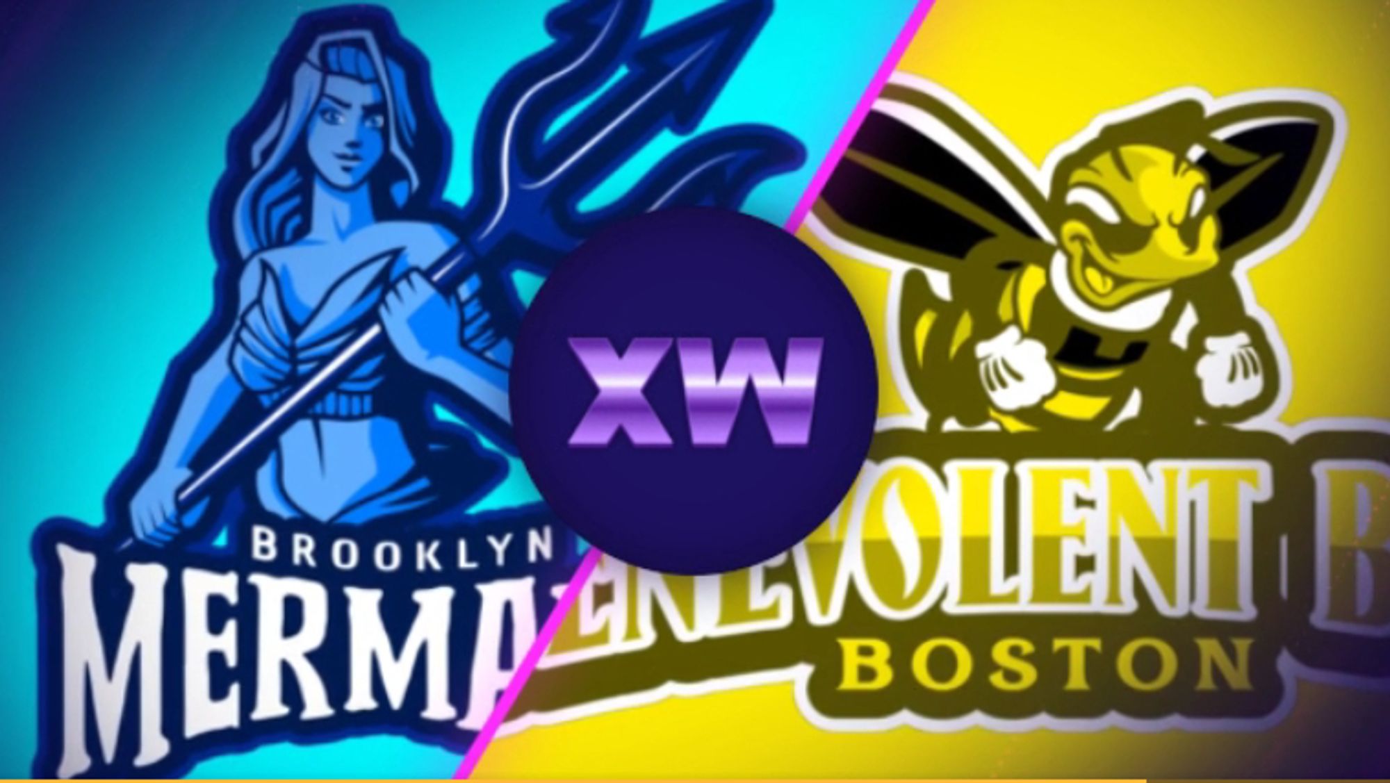 There is a dark circle with a purple shimmering XW in the center. There are team logos to either side of it separated by a pink diagonal line. At left the Brooklyn Mermaids, a logo consisting of a blue mermaid holding a trident. The text below says Brooklyn Mermaids in white with font designed to evoke the sea with flowing text. At right the Boston Benevolent Bees. The logo is a bee with wings out and fists at the ready with a fighting look on its face. Under it in ornate lettering it says BENEVOLENT BEES in yellow gradient then under it BOSTON in gold more straight font.