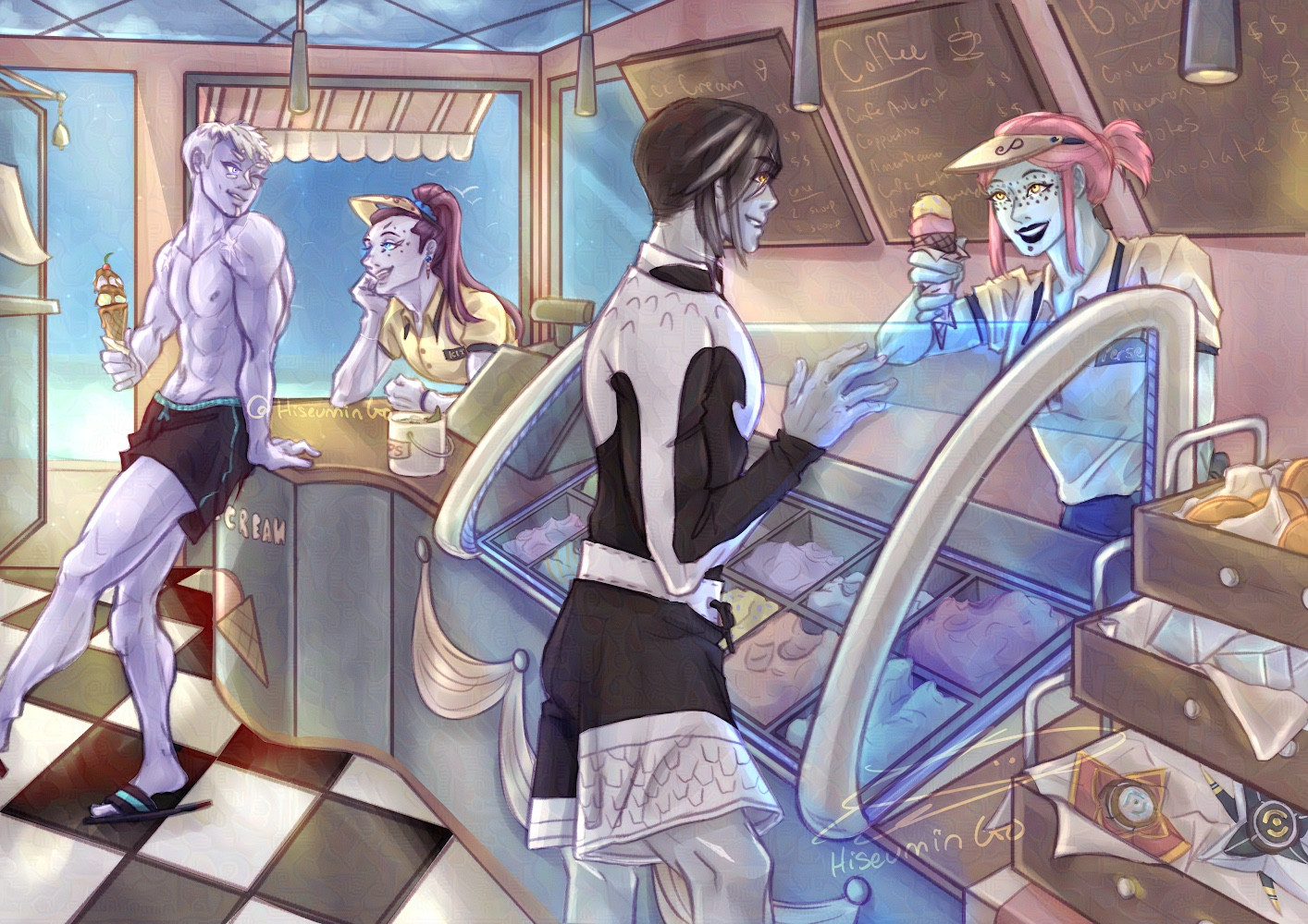 An illustration of bright ice cream shop with the windows and door open. Two workers engage with two customers — one reaching ice cream in a cone over the counter and one in intimate conversation at the register. 