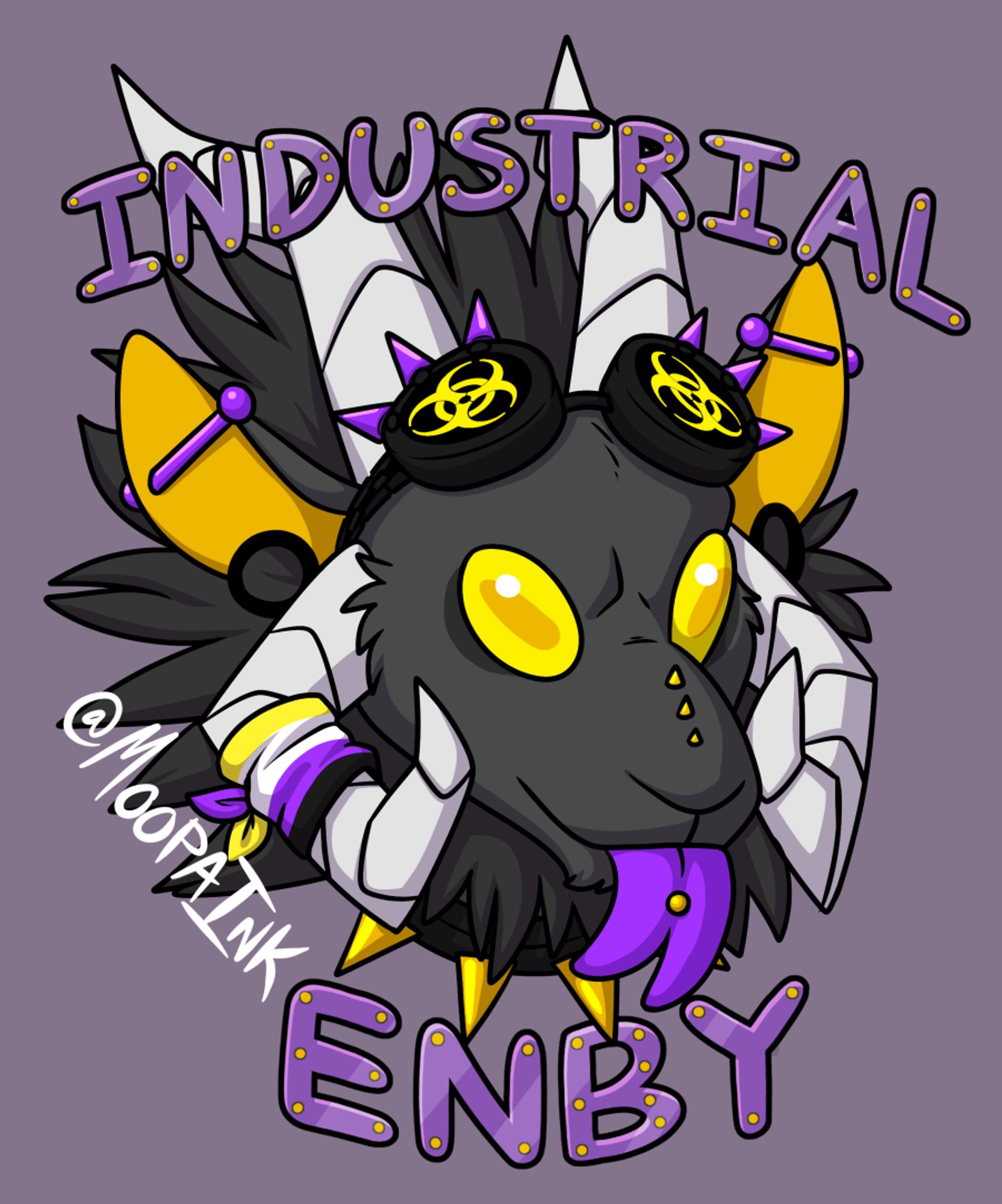 Headshot of a black/dark grey ram with white horns and yellow eyes. It has a nonbinary flag wrapped on one horn, spiked goggles with biohazard symbols on its head, and various piercings. The text reads "Industrial Enby"