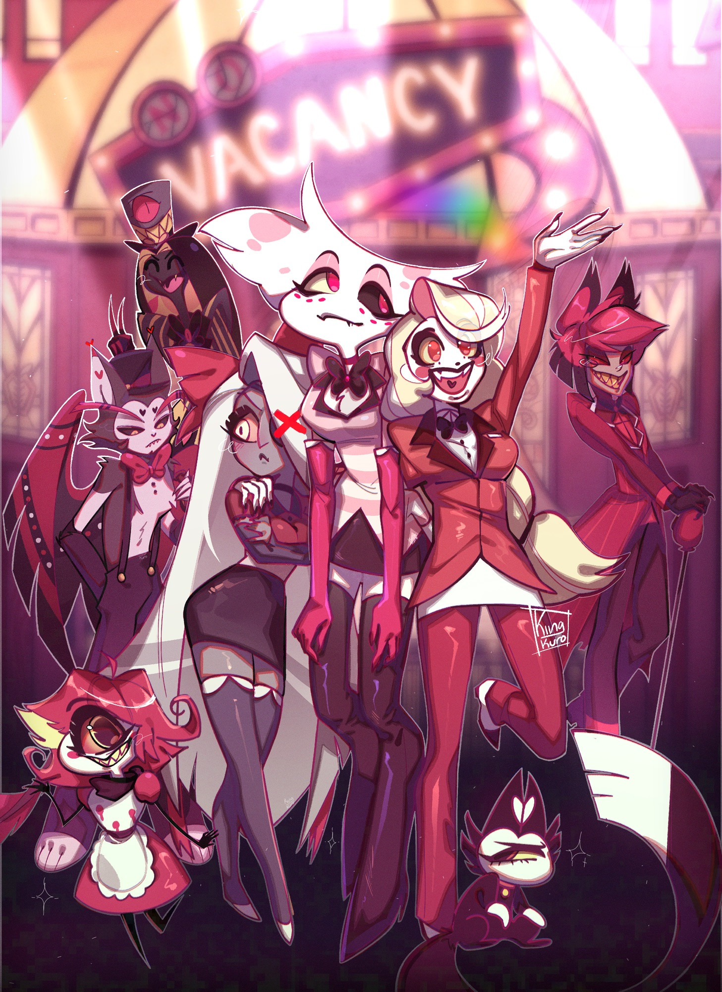 Hazbin Hotel Characters Charlie, Vaggie, Angel Dust, Husk, Alastor, Niffty, Sir Pentious, KeeKee