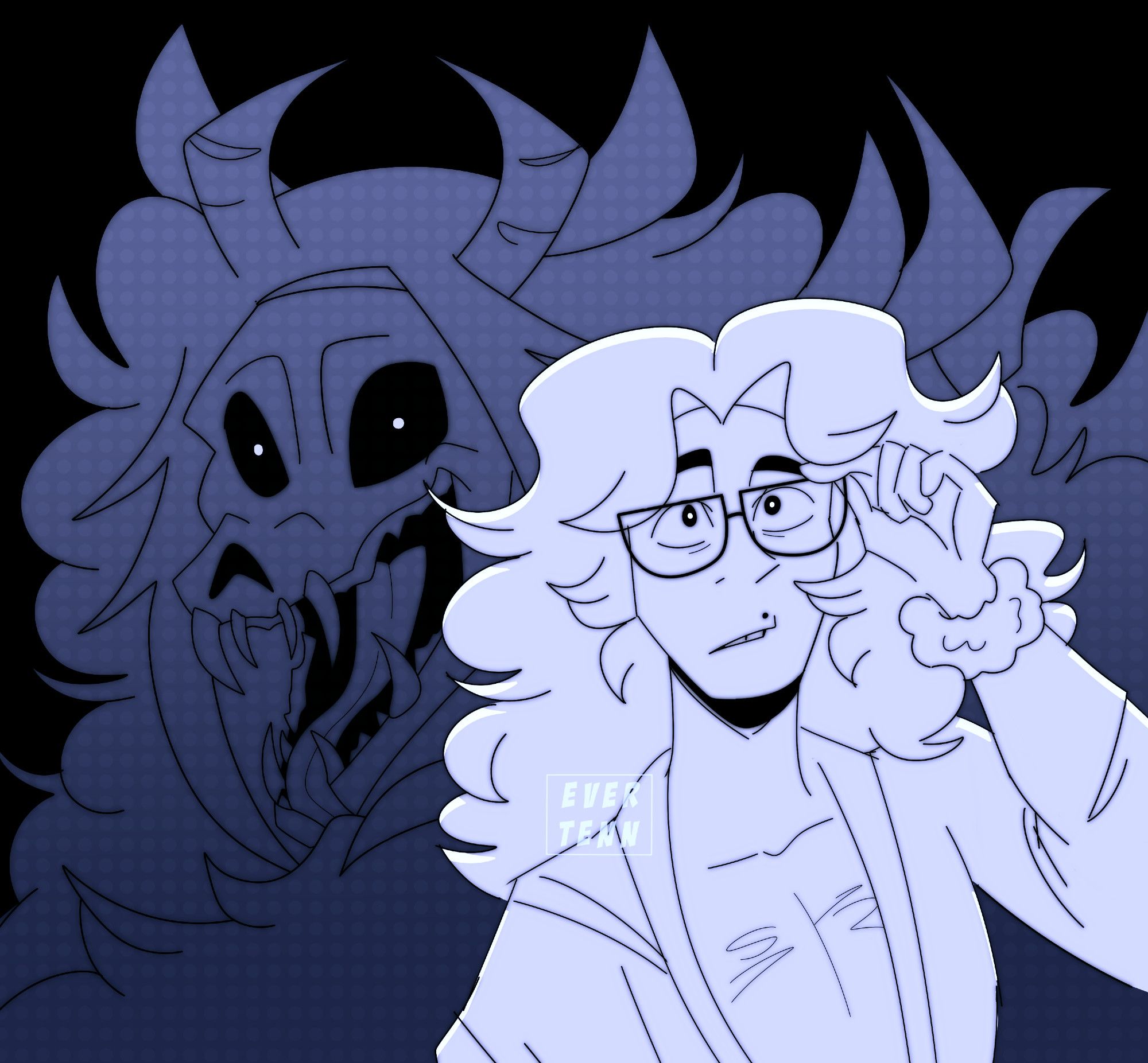 a sketchy drawing of my oc Lane adjusting his glasses and looking at something offscreen. Behind him is a skeletal monster, the creature he turned into when he mutated