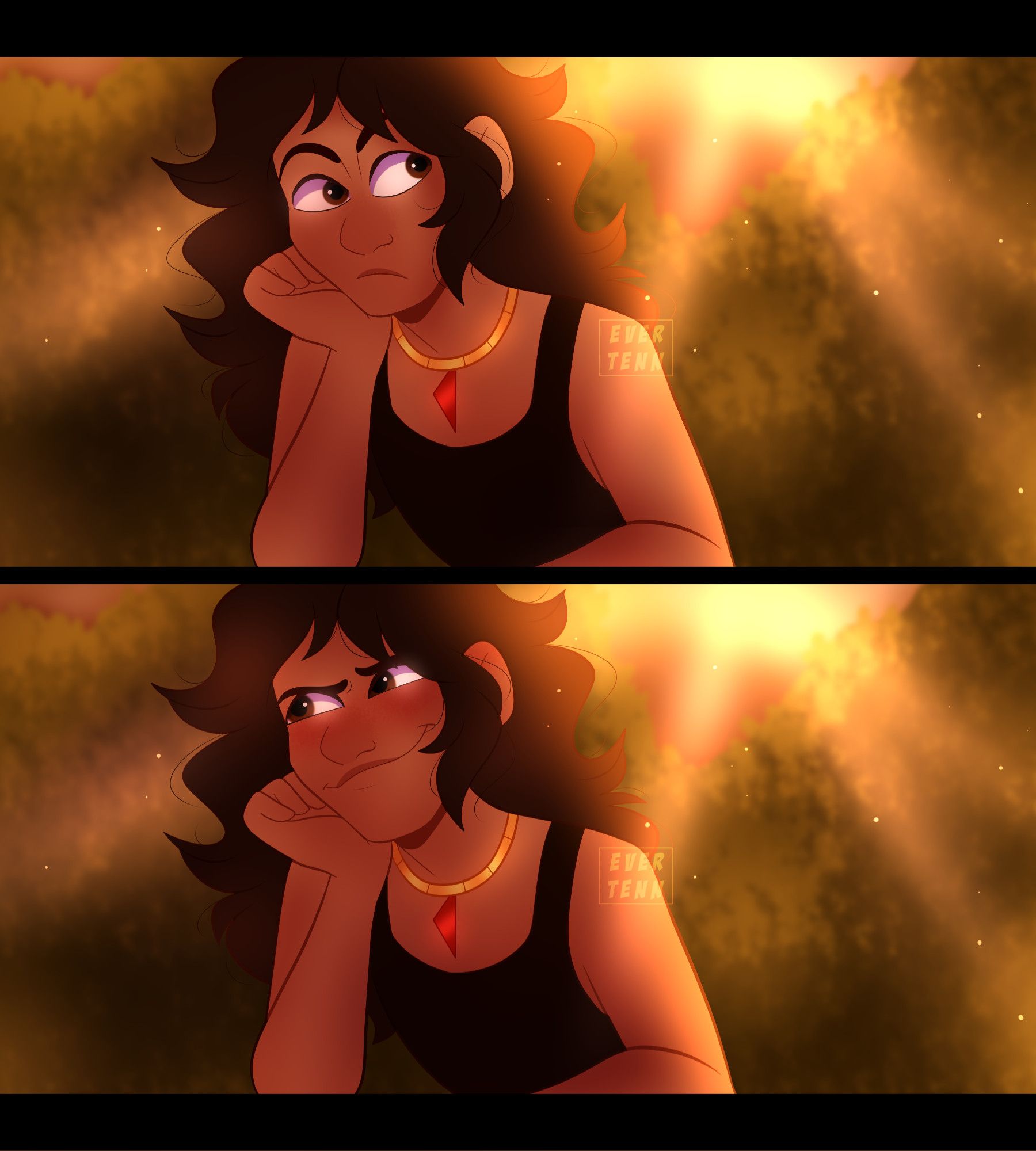 My oc Maison sitting in front of what appears to be a line of bushes and plants with the sunlight peeking through. In the top frame he's looking at something offscreen, and in the bottom frame he's looking away while blushing and smiling