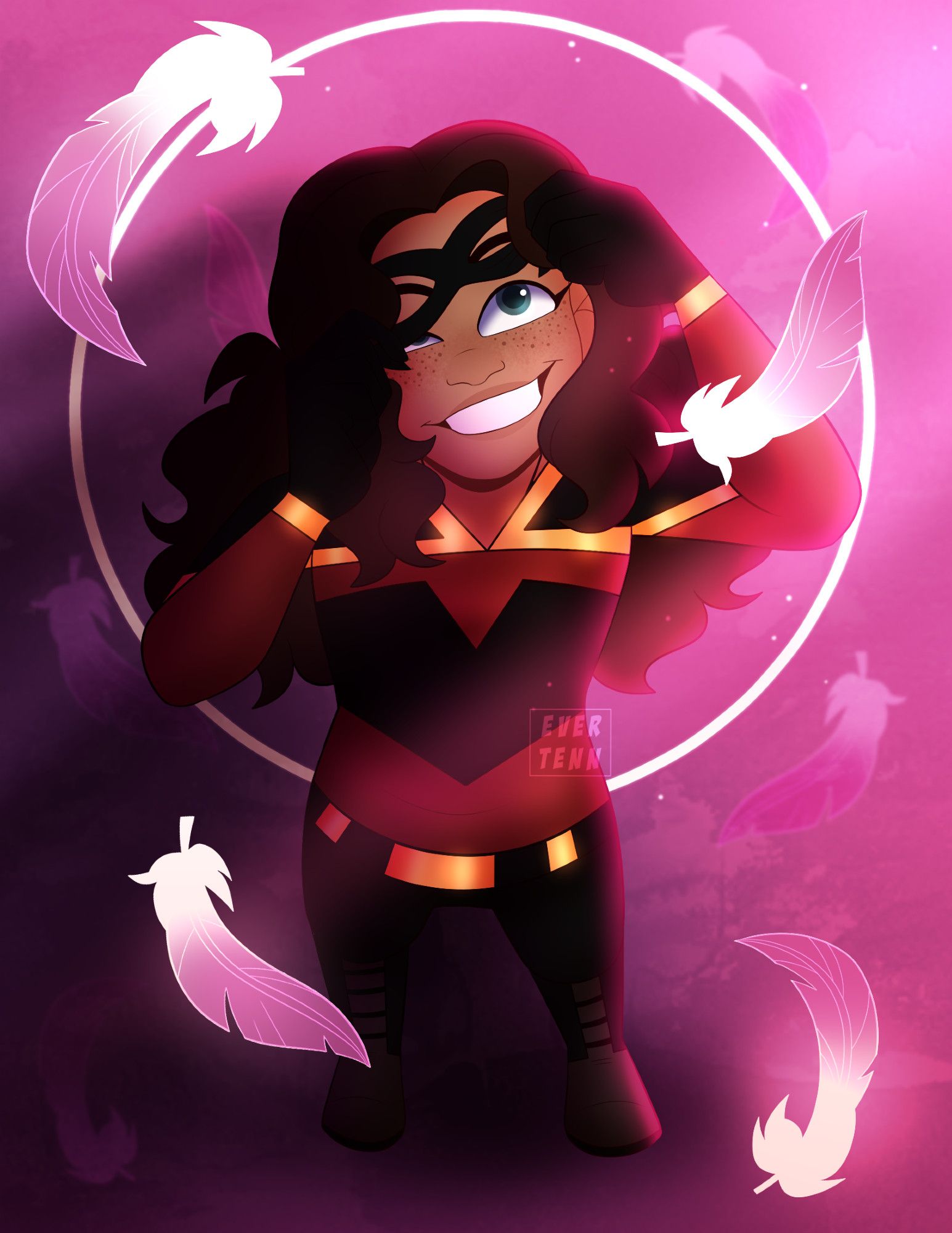 An angled fullbody drawing of my oc Marina in a red/black/gold superhero suit. There's a purple background with a white circle and glowing feathers falling around her.