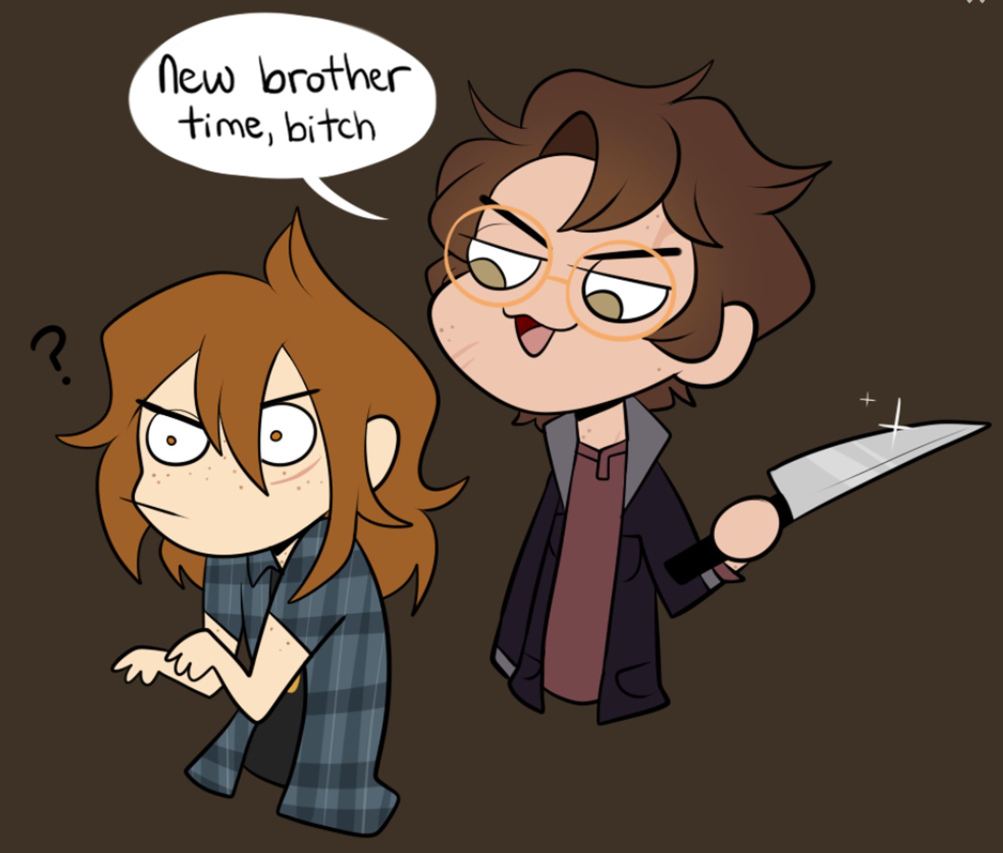 a doodle of Dane telling Casey "new brother time, bitch"