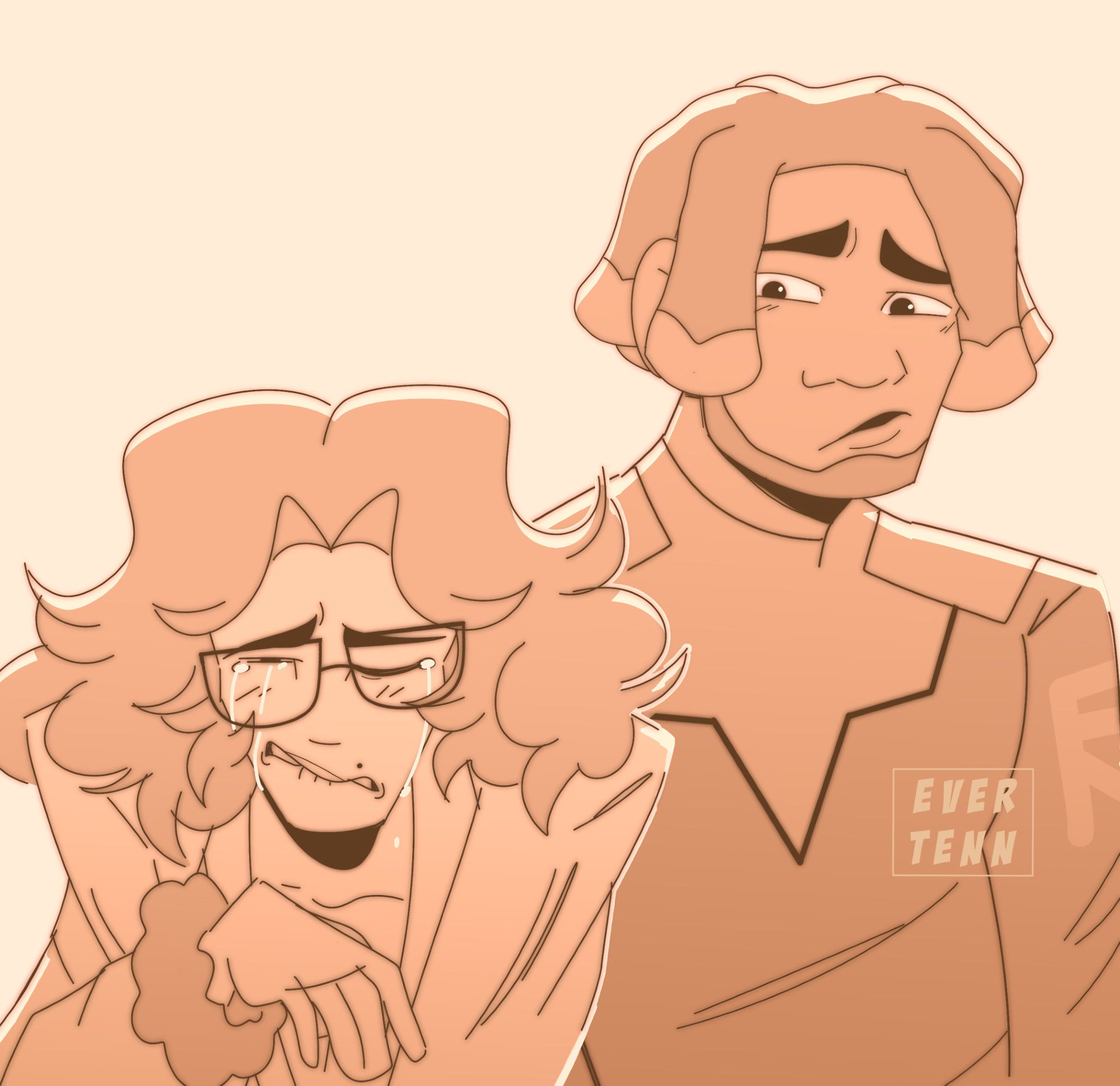 My oc Lane ugly crying while my other oc Montas stands nearby watching him with concern