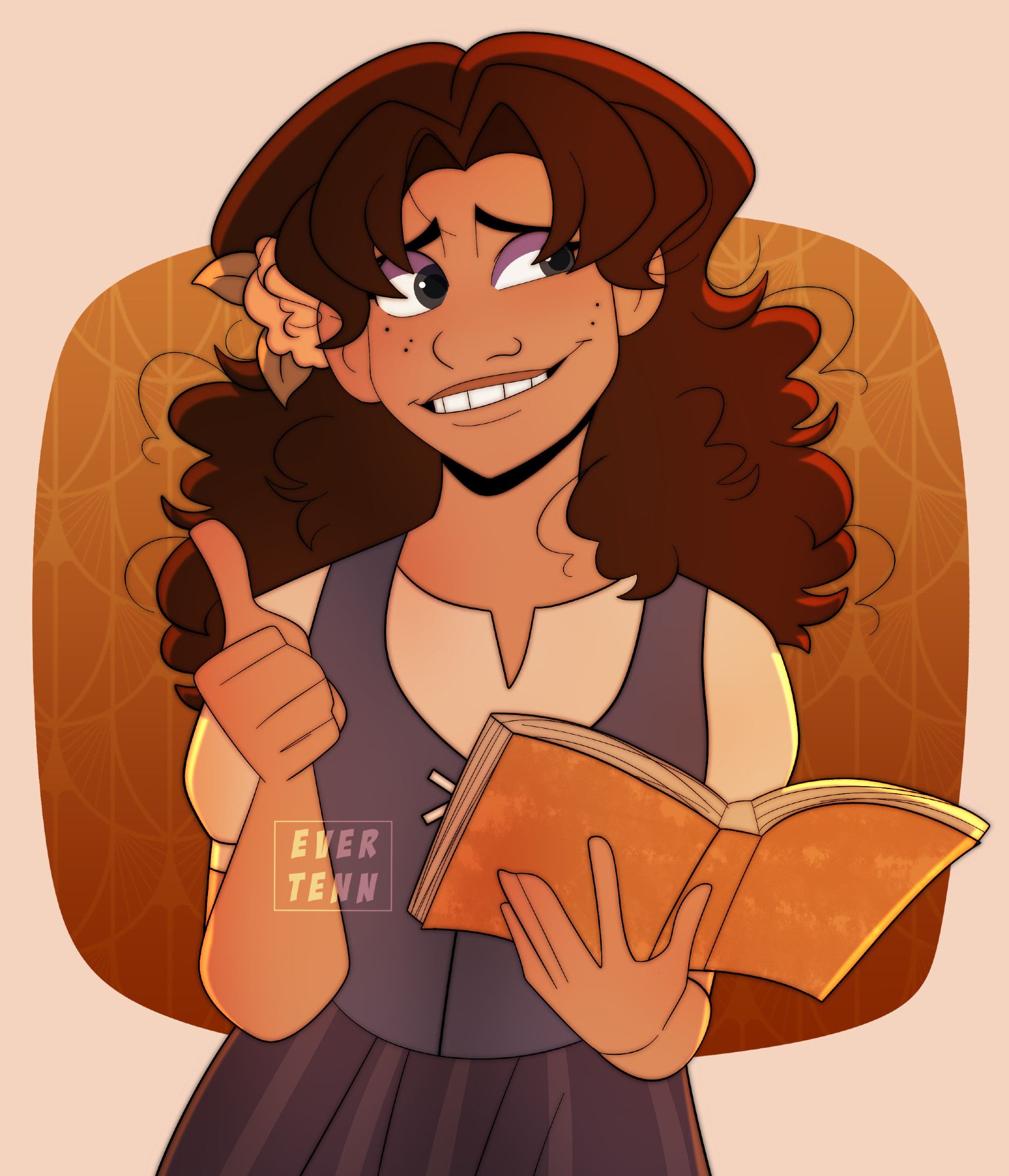 my oc Harley looking uncertain while holding a book and giving a thumbs up