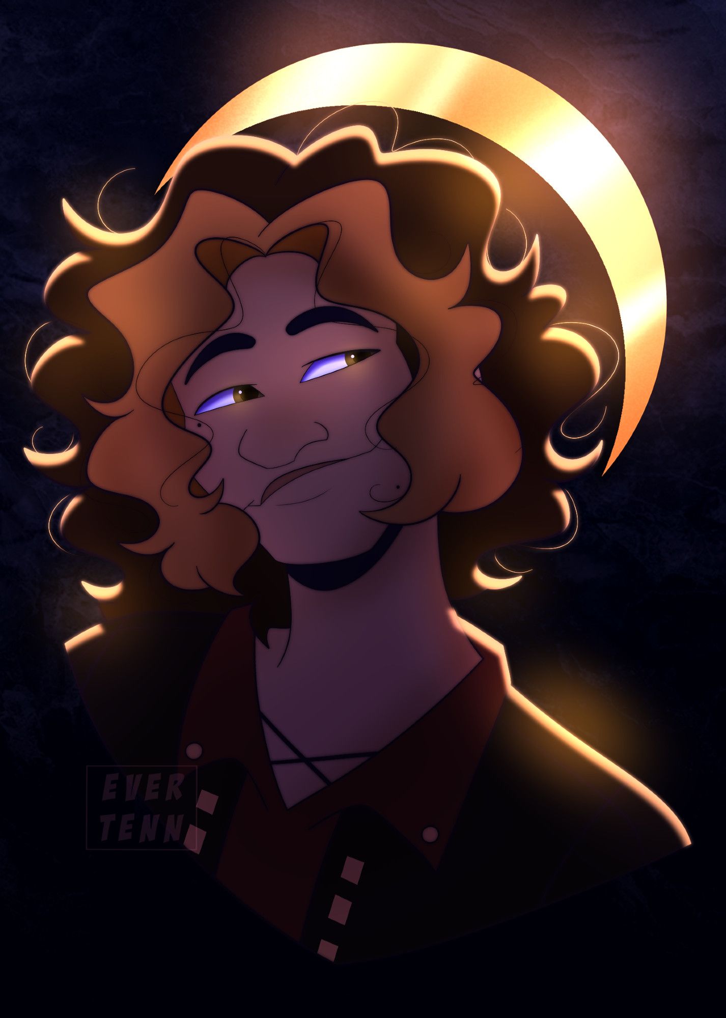 bust art of my oc Micah smiling with a glowing moon behind him