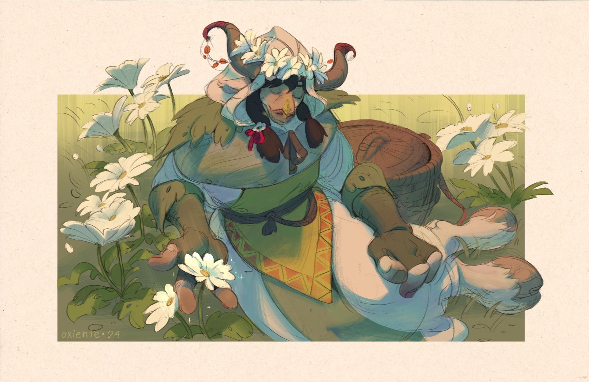 A female tauren sitting on a flowery lawn, touching some flowers called 'peacebloom' (from the WoW universe) that resemble white daisies.