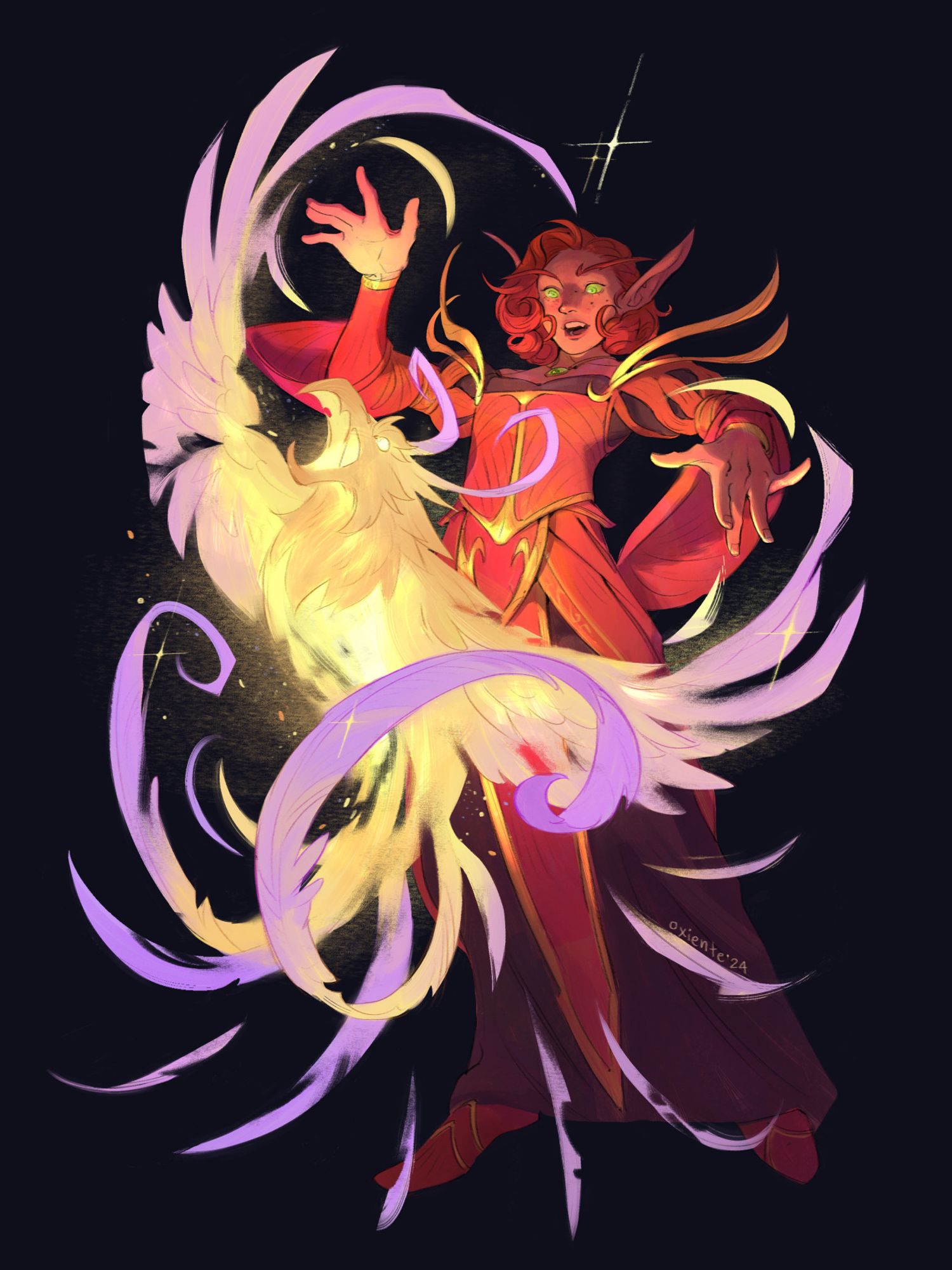 A blood elf happily conjuring a phoenix made of arcane and fire magic.